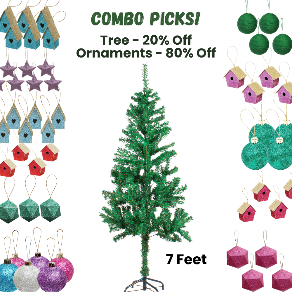 7 Feet - Christmas Festive Tree with Metal Stand 800 Branches (210cm) 1pc  (Ornaments Combo)