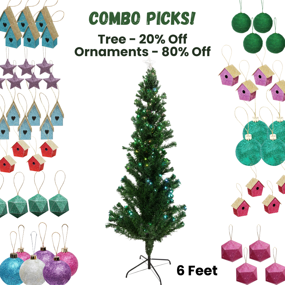 6 Feet - Christmas Fer Tree With Light & Star On Top 180Cm 1Pc  (Ornaments Combo)