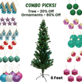 6 Feet - Christmas Fer Tree With Light & Star On Top 180Cm 1Pc  (Ornaments Combo)
