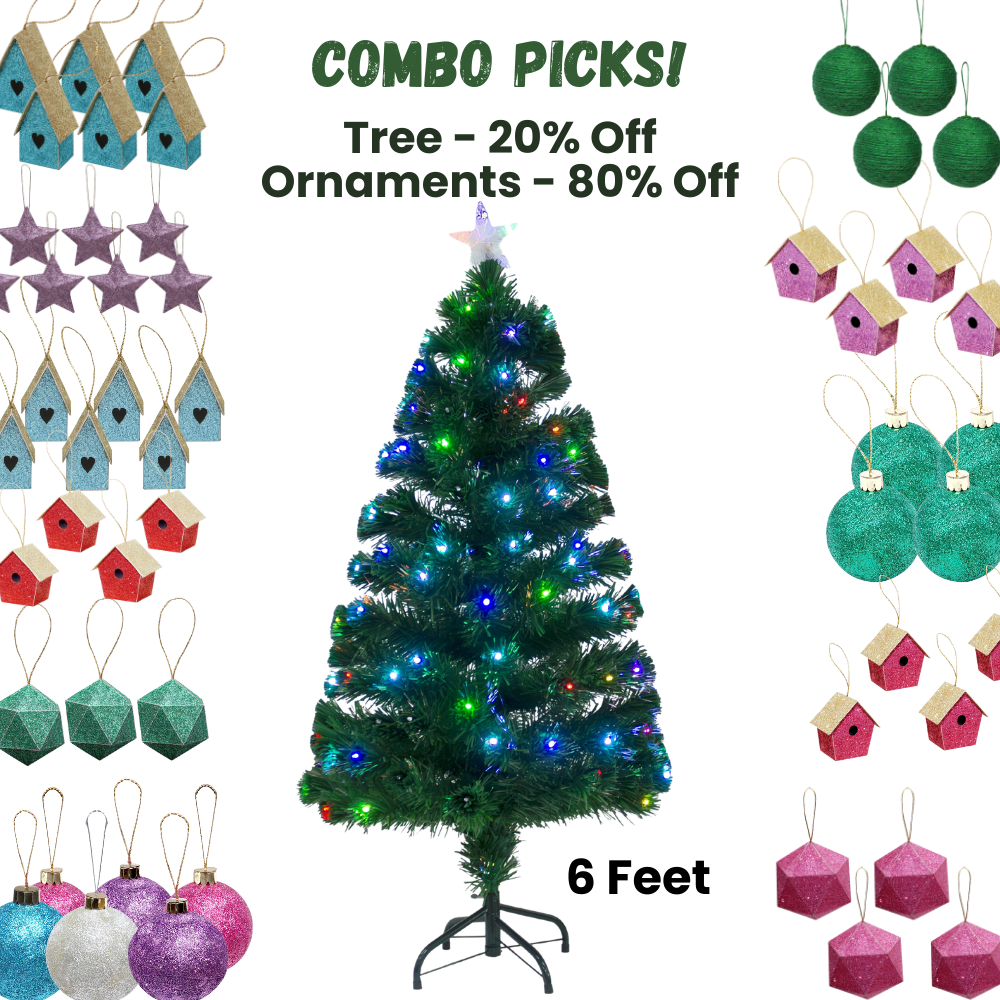 6 Feet - Christmas LED Fibre Optic Tree with Colour Changing Lights & Star 210 Branches (180cm) 1pc  (Ornaments Combo)
