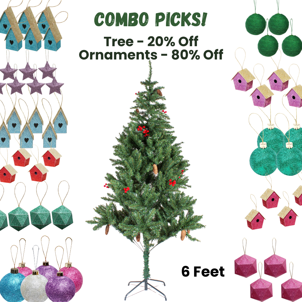 6 Feet - Christmas Premium Tree with Metal Stand Pine Cones & Red Berries (180cm) 1pc  (Ornaments Combo)