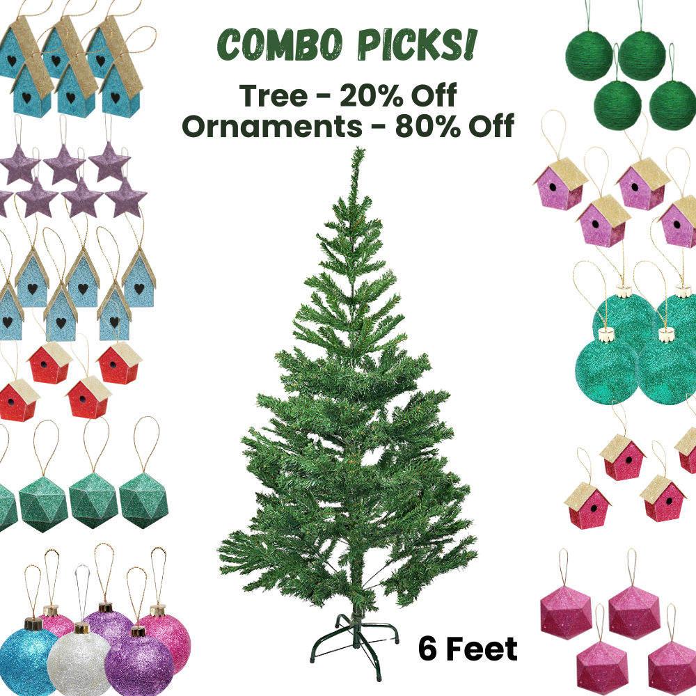6 Feet - Christmas Tree With Metal Stand 1pc  (Ornaments Combo)
