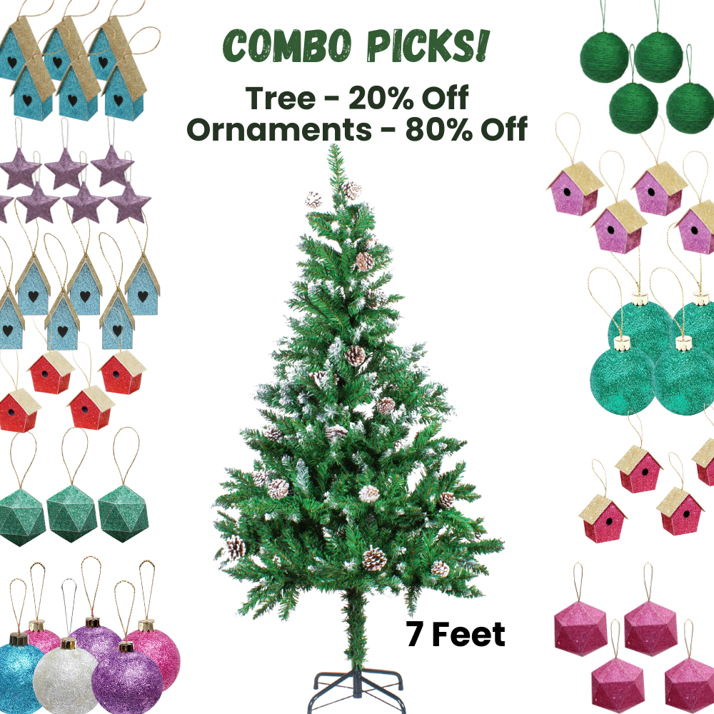 7 Feet - Frosted Christmas Tree with Metal Stand & Pine Cones (210cm) 1pc Box  (Ornaments Combo)