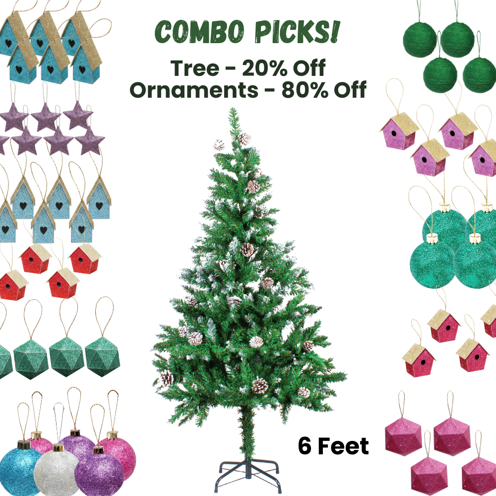 6 Feet - Frosted Christmas Tree with Metal Stand & Pine Cones (180cm) 1pc Box  (Ornaments Combo)