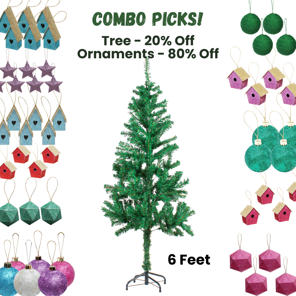 6 Feet - Christmas Festive Tree with Metal Stand 500 Branches (180cm) 1pc  (Ornaments Combo)