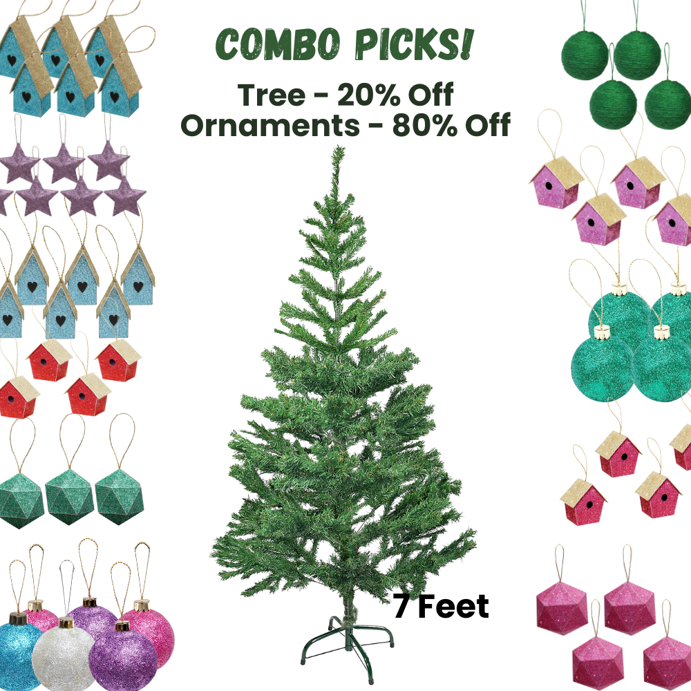 7 Feet - Christmas Tree with Metal Stand 1pc  (Ornaments Combo)