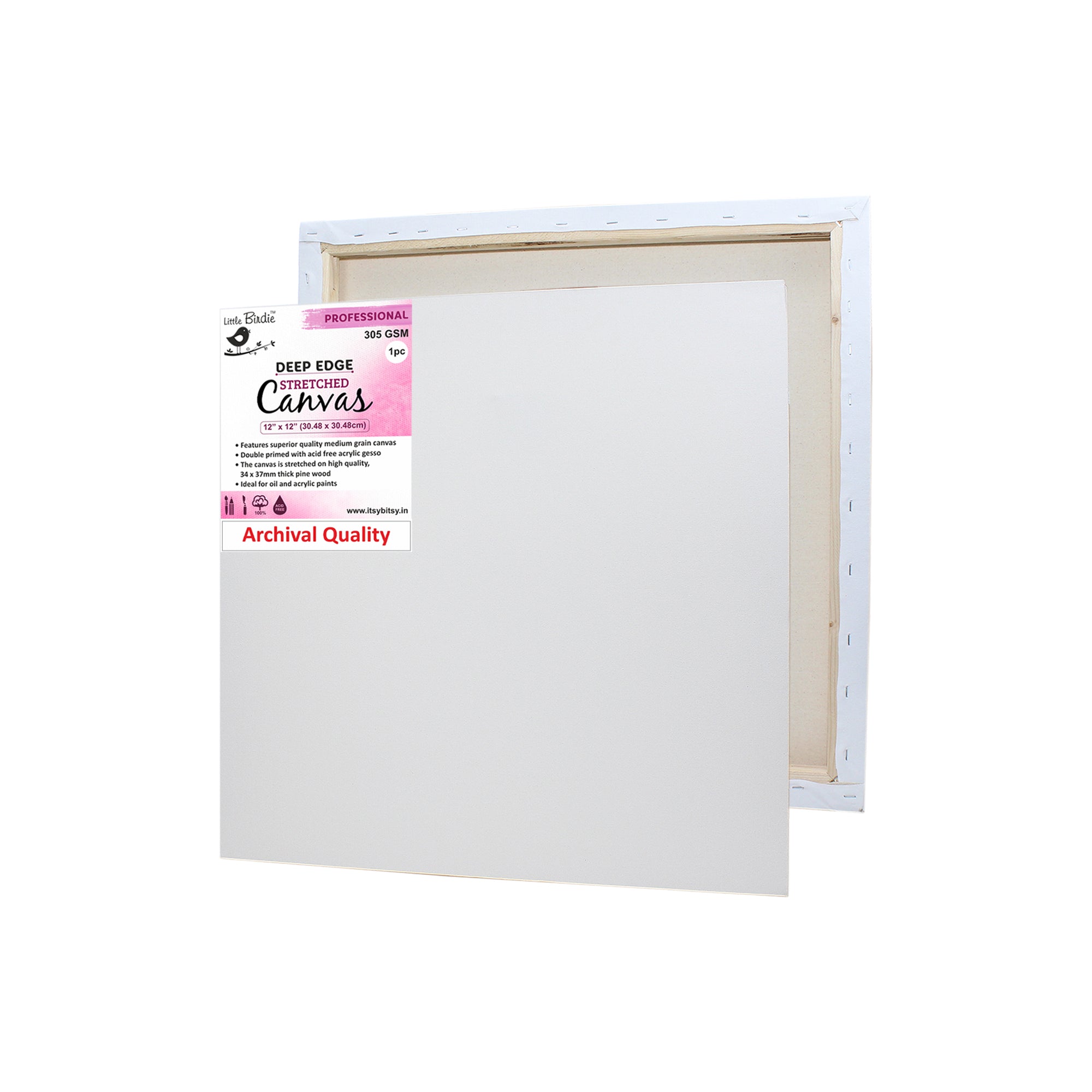 STRETCHED CANVAS DEEP EDGE FRAME 34X37mm 305gsm 12 X 12inch 3PC LB