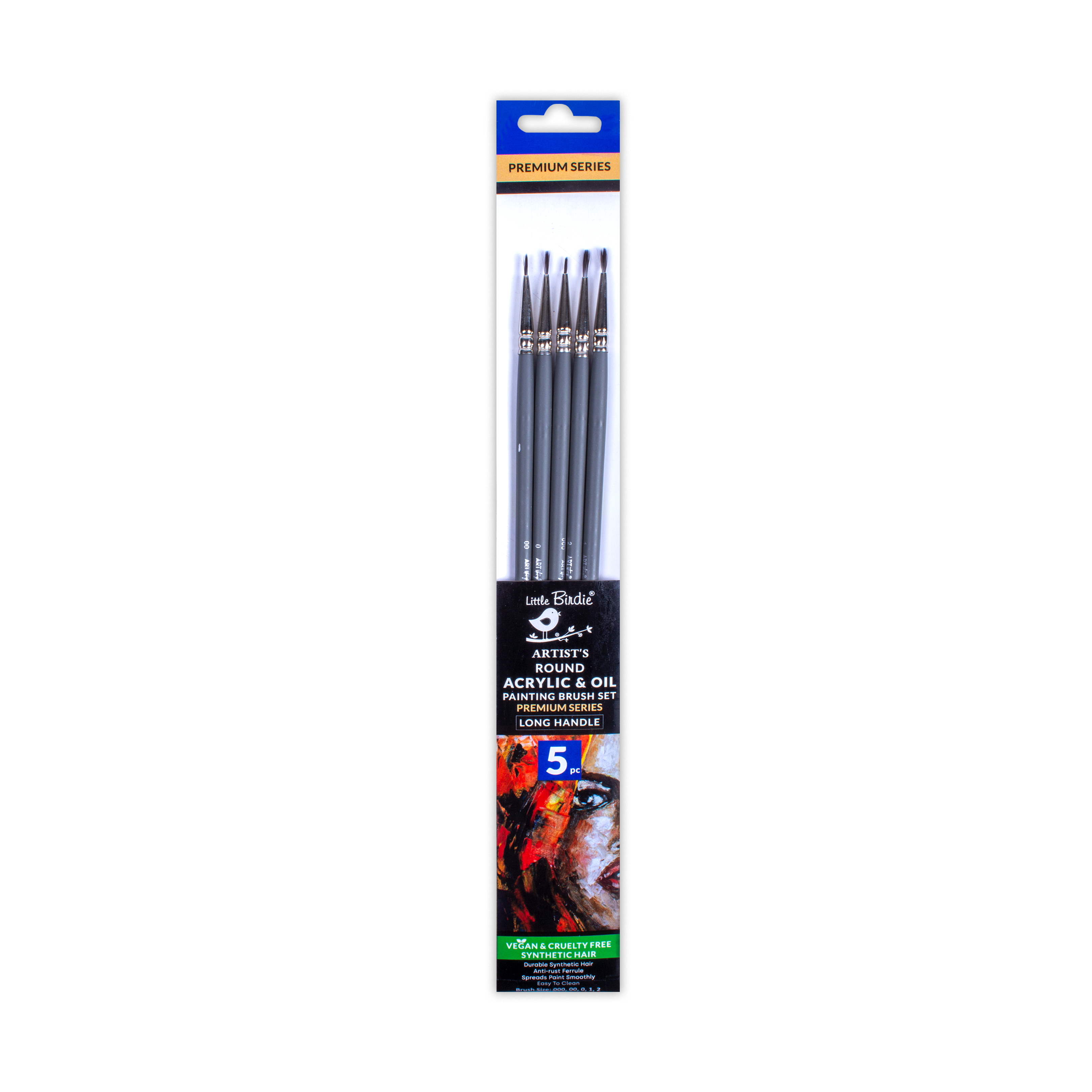 Long Handle Brush Round Synthetic Hair Size 000 00 0 1 2 Set of 5pc