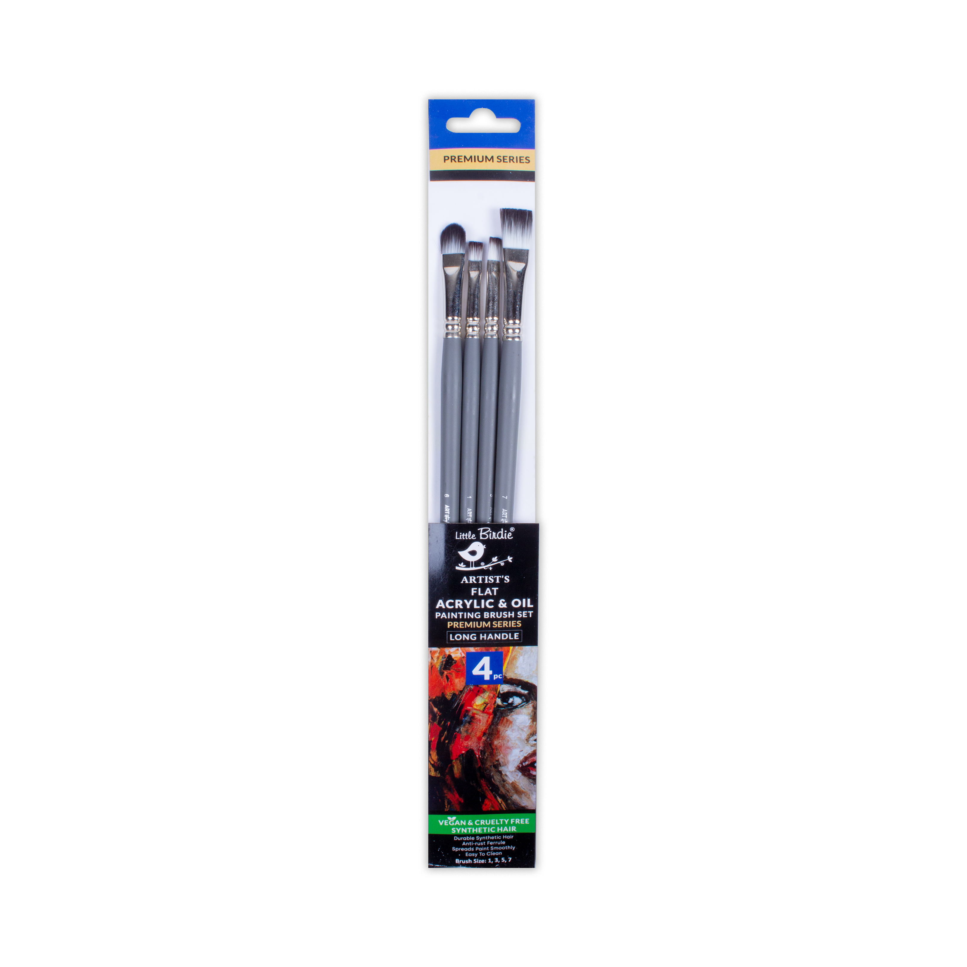 Long Handle Brush Flat Synthetic Hair Size 1 3 5 7 Set of 4pc