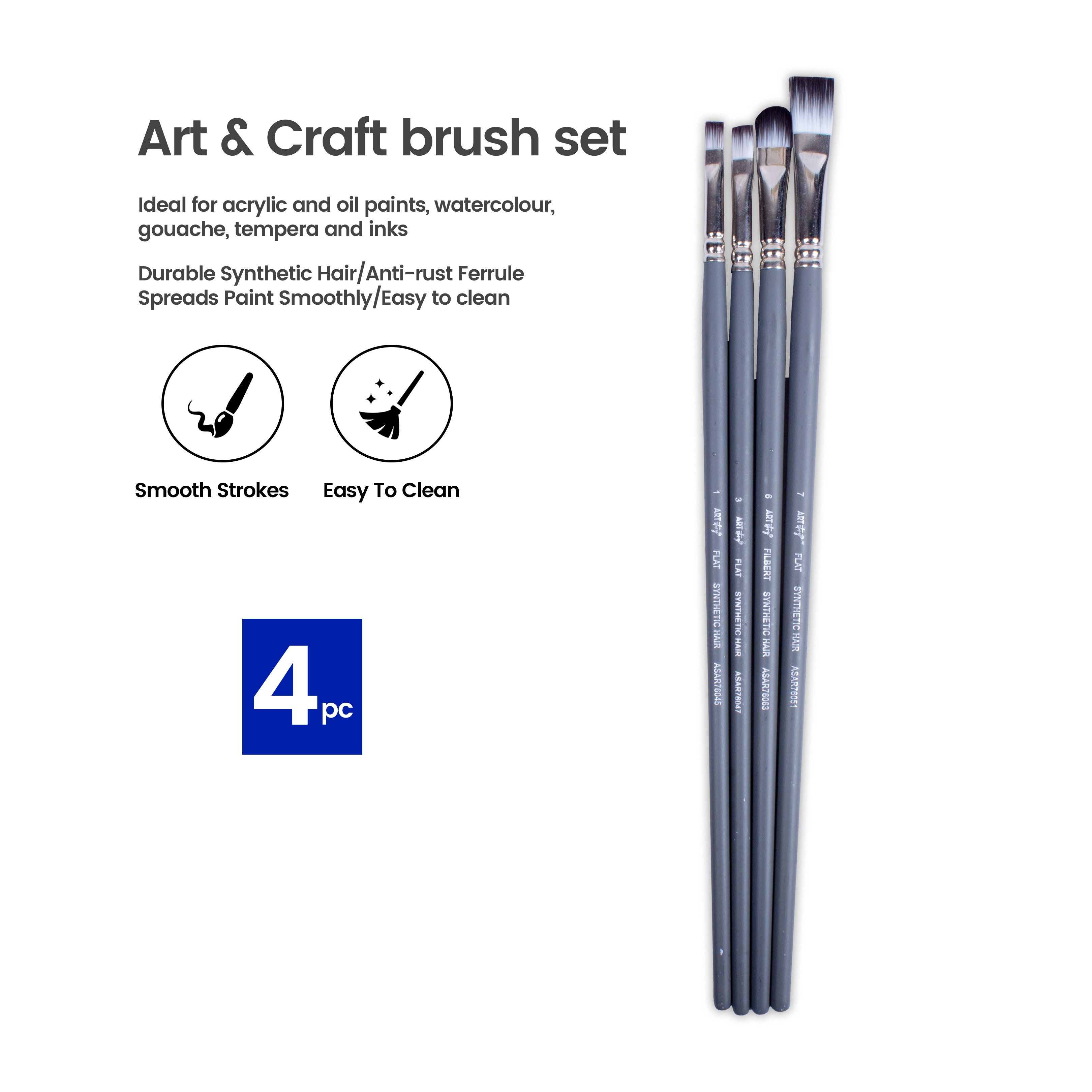 Long Handle Brush Flat Synthetic Hair Size 1 3 5 7 Set of 4pc