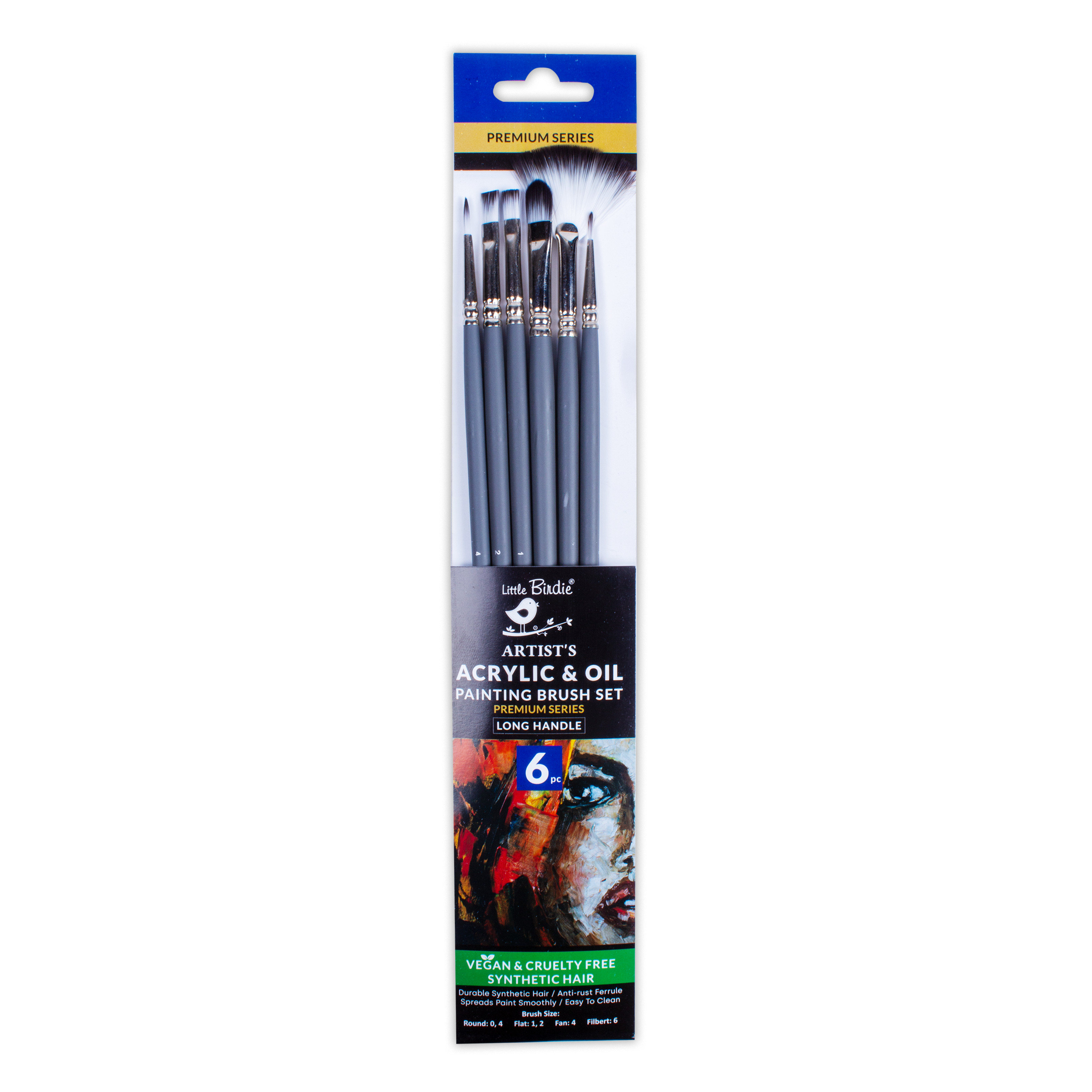 Long Handle Brush Round And Flat Synthetic Hair Size 0 4 And 1 2 4 6 Set of 6pc