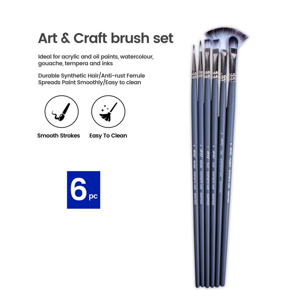 Long Handle Brush Round And Flat Synthetic Hair Size 0 4 And 1 2 4 6 Set of 6pc