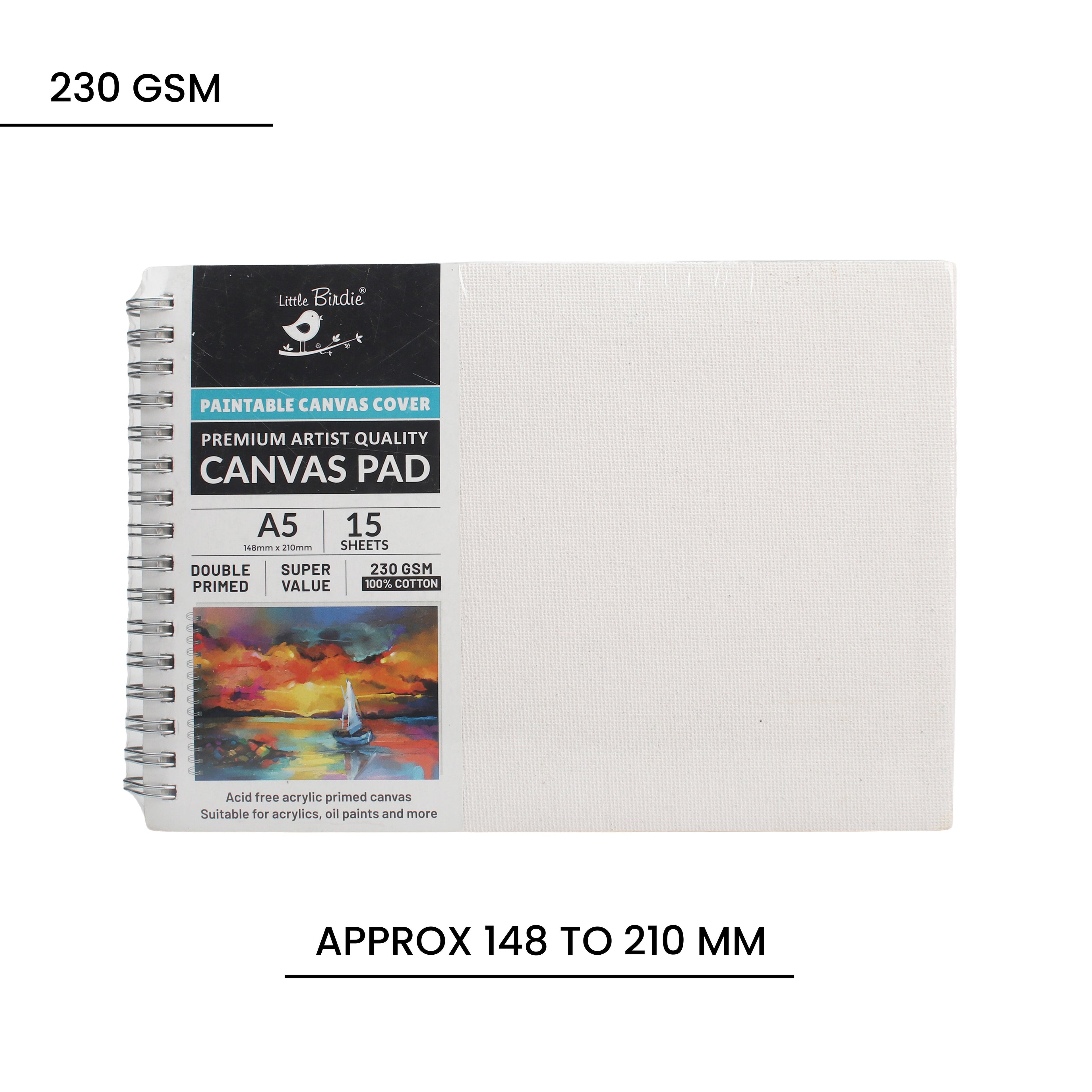 Paintable Canvas Pad Plain Wiro Bound Landscape A5 230gsm 15 Sheets