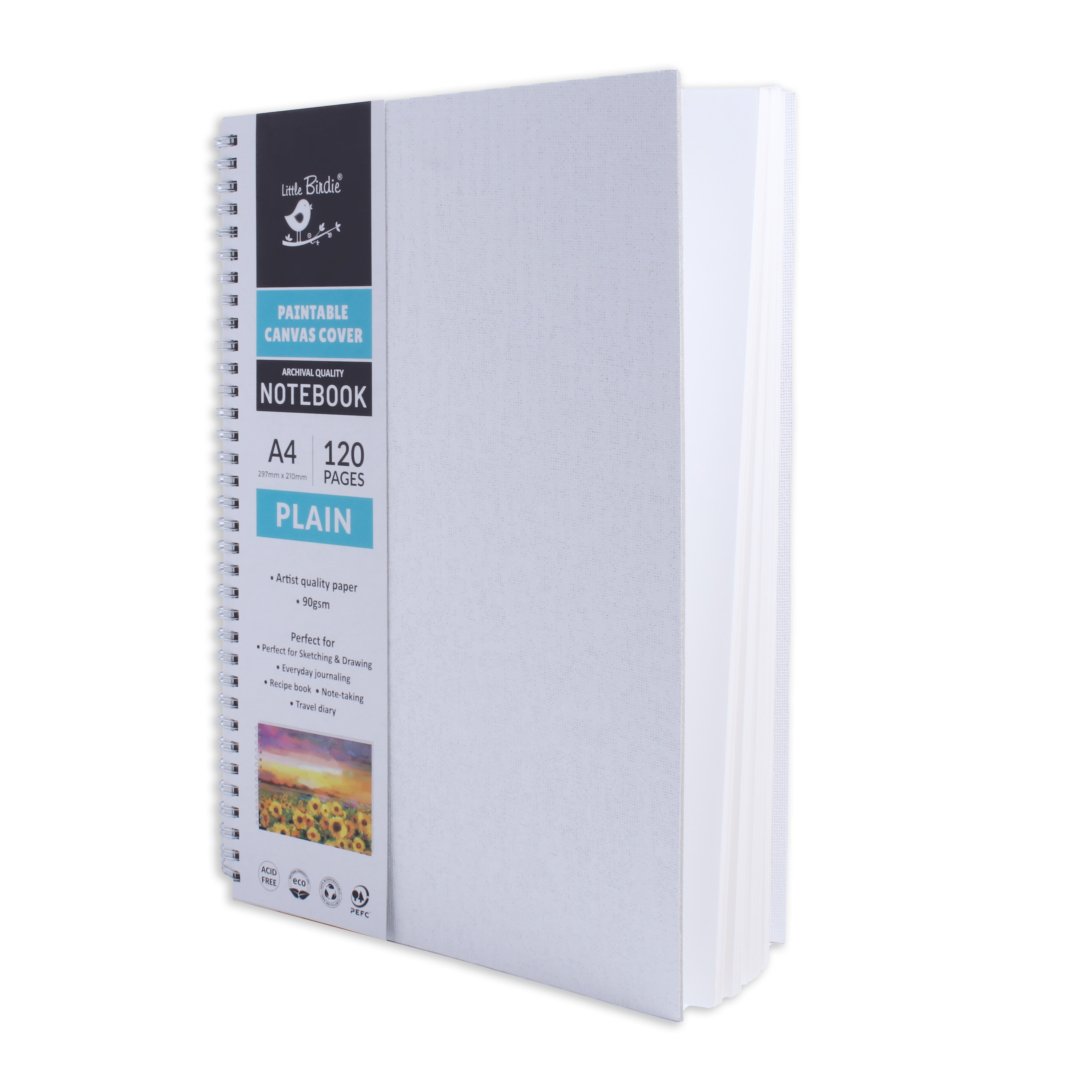 Paintable Canvas Wiro Bound Plain Notebook Portrait A4 90gsm 120 Pages