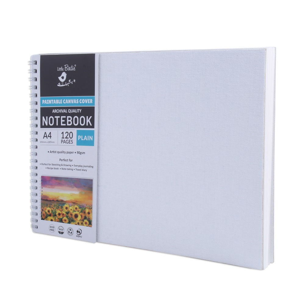 Paintable Canvas Wiro Bound Plain Notebook Landscape A4 90gsm 120 Pages