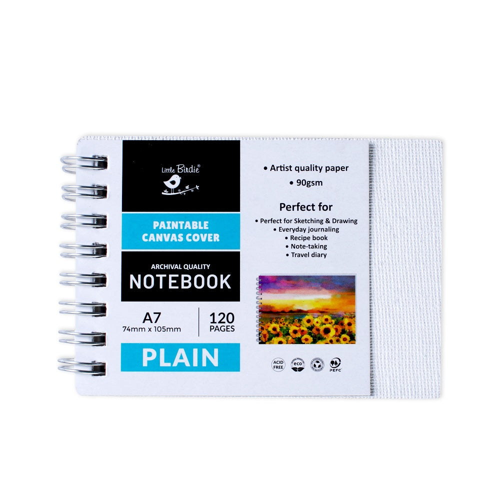 Paintable Canvas Wiro Bound Plain Notebook Landscape A7 90gsm 120 Pages