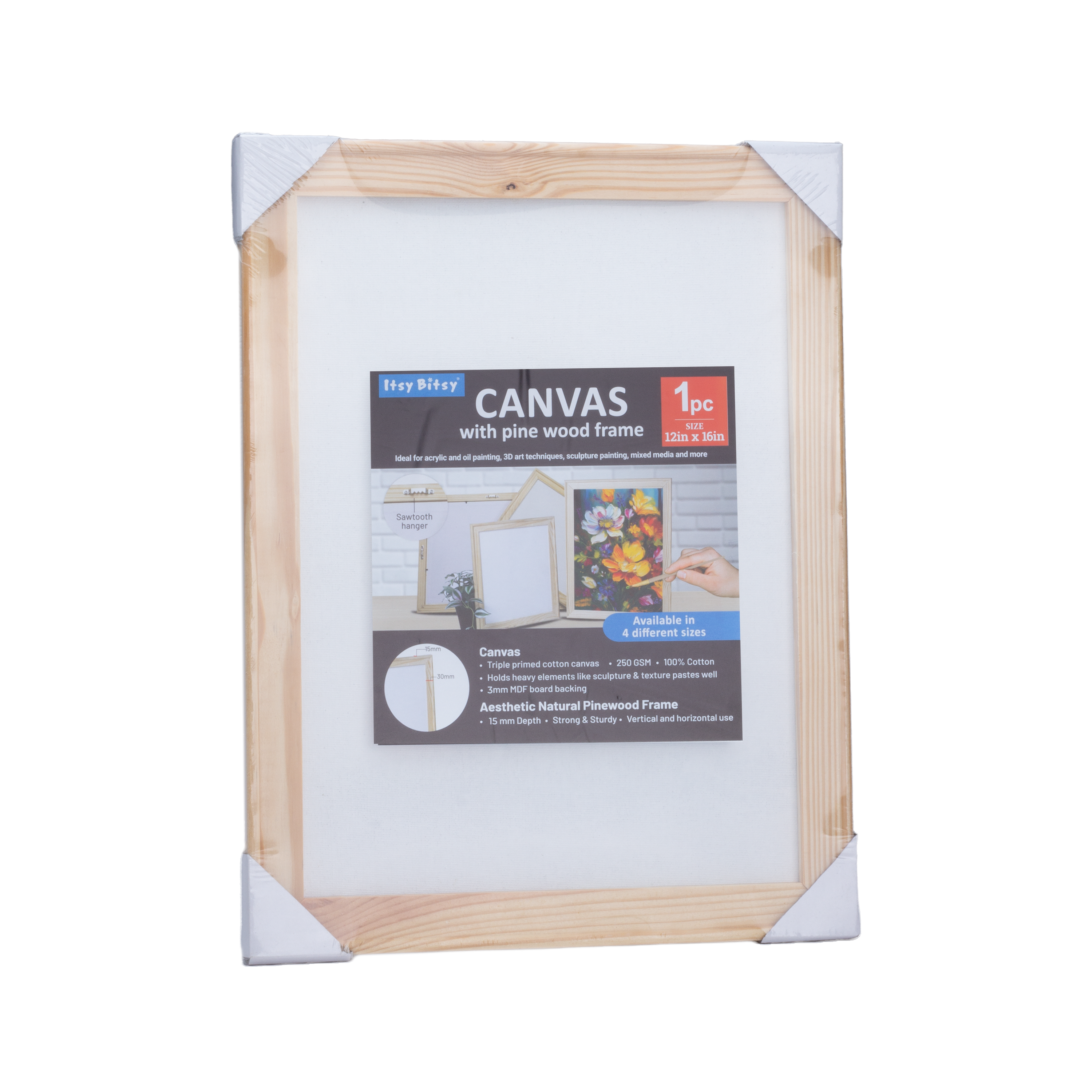 Pinewood Frame With 12 x 16in Canvas - 250gsm, 3mm Thick MDF Board Backing, Frame Size 3 X 1.5cm 1pc