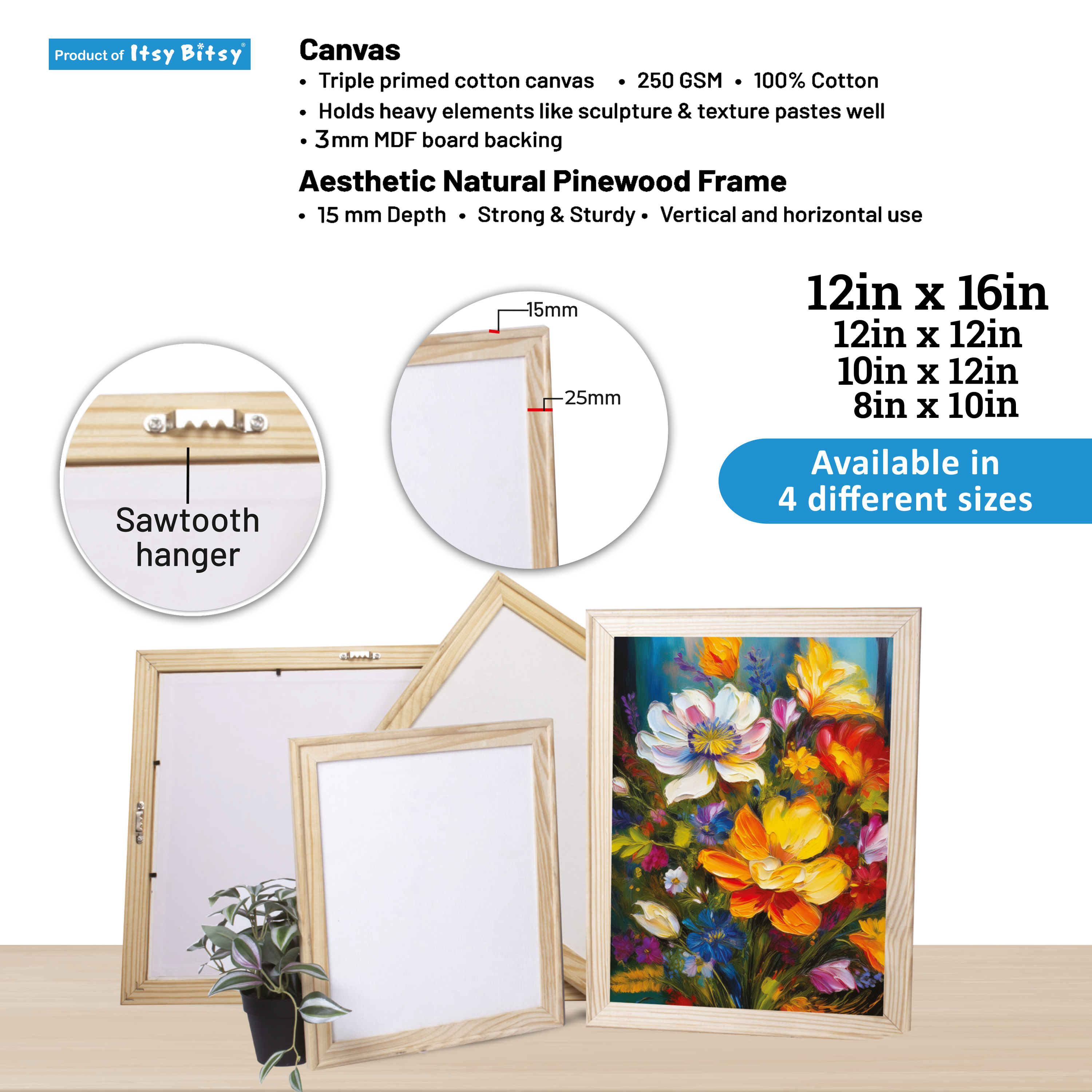 Pinewood Frame With 8 x 10in Canvas - 250gsm, 3mm Thick MDF Board Backing, Frame Size 3 X 1.5cm 1pc