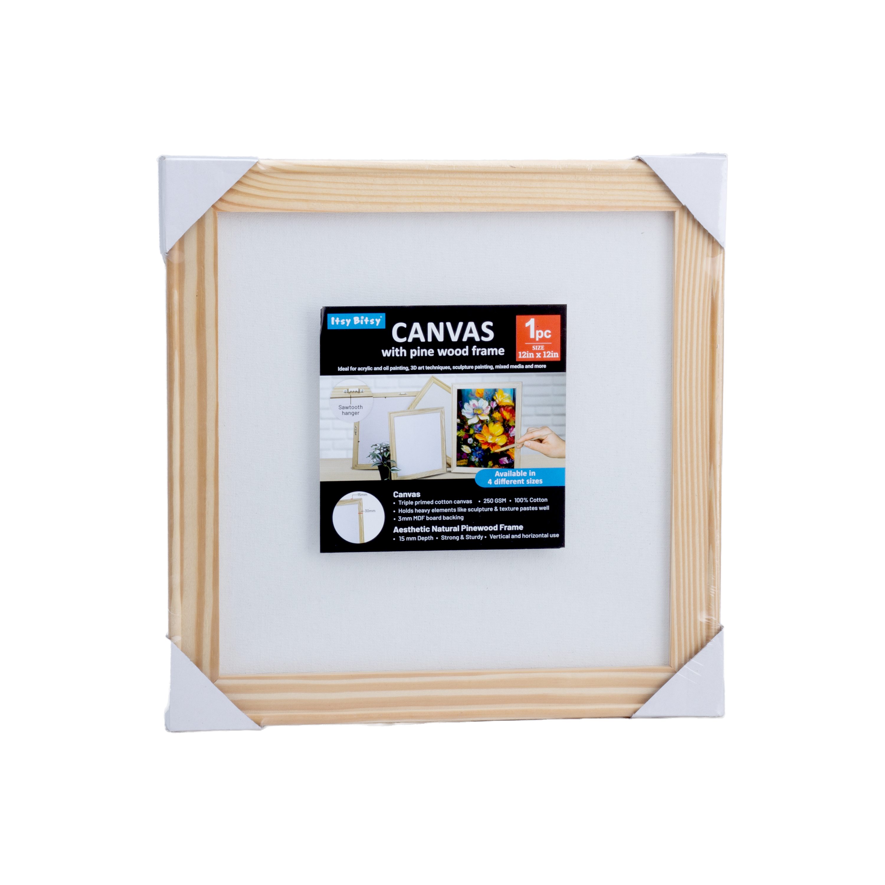 Pinewood Frame With 12 x 12in Canvas - 250gsm, 3mm Thick MDF Board Backing, Frame Size 3 X 1.5cm 1pc