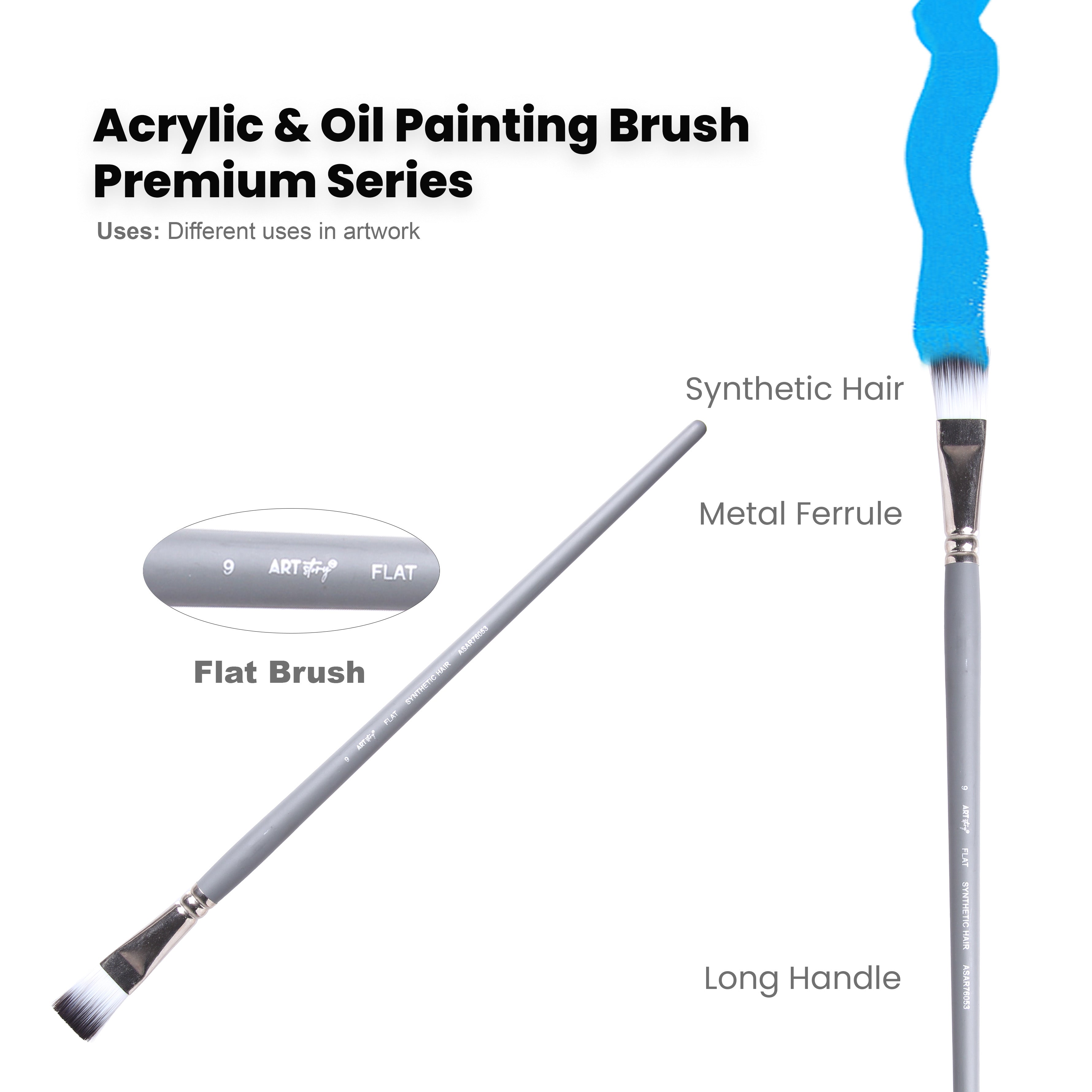Long Handle Brush Flat Synthetic Hair Size 9 Handle Length 250mm