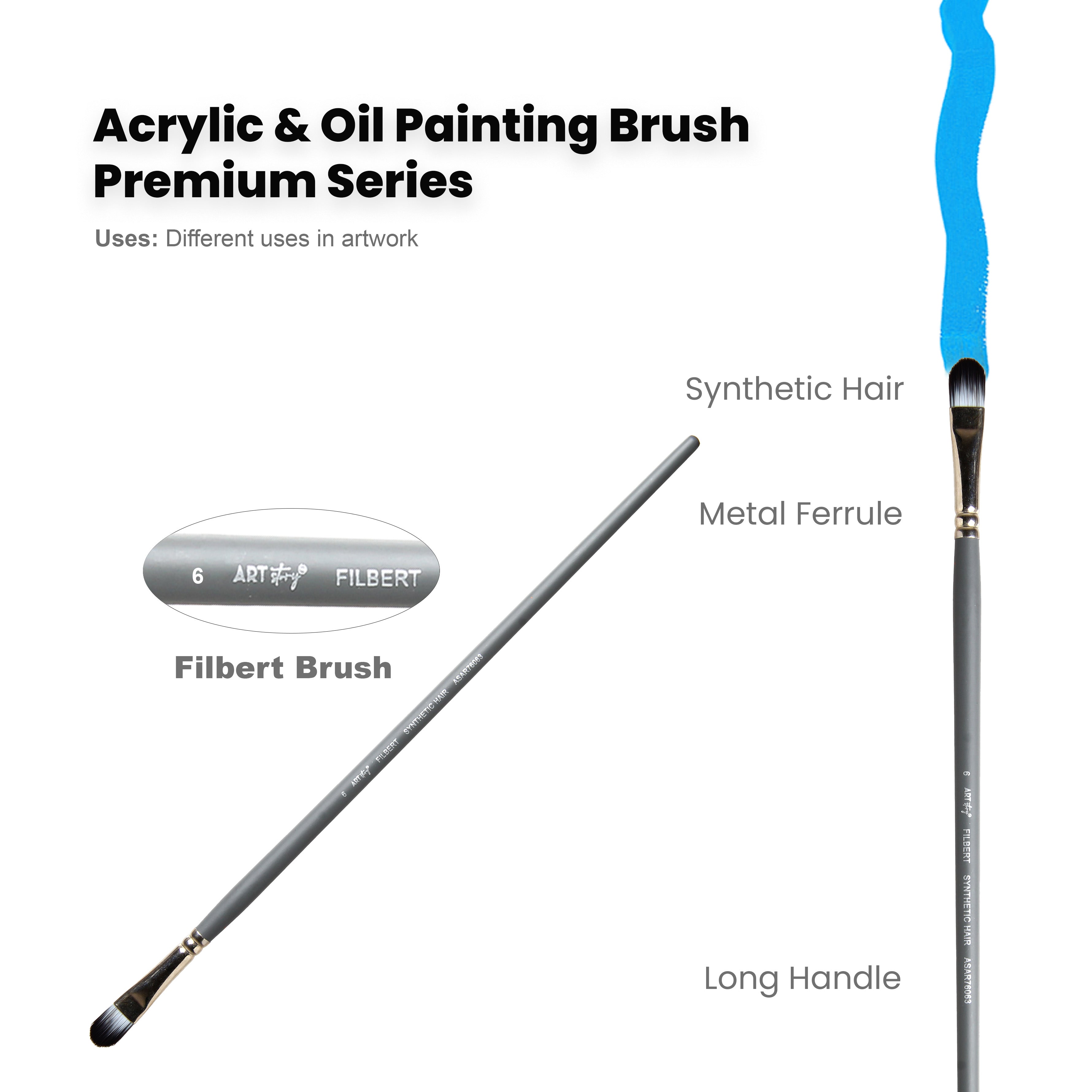 Long Handle Filbert Brush Synthetic Hair Size 6 Handle Length 250mm