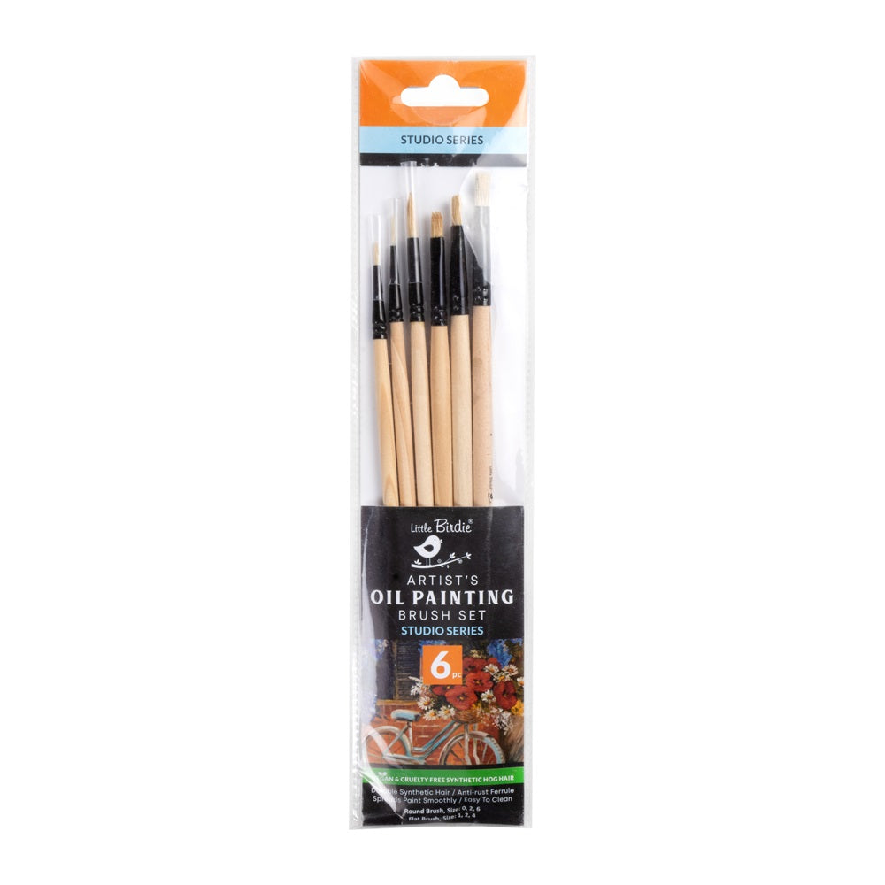 Synthetic Hog Hair Oil Brush Round (Size.0 2 6) and Flat(Size.1 2 4) Set of 6pc