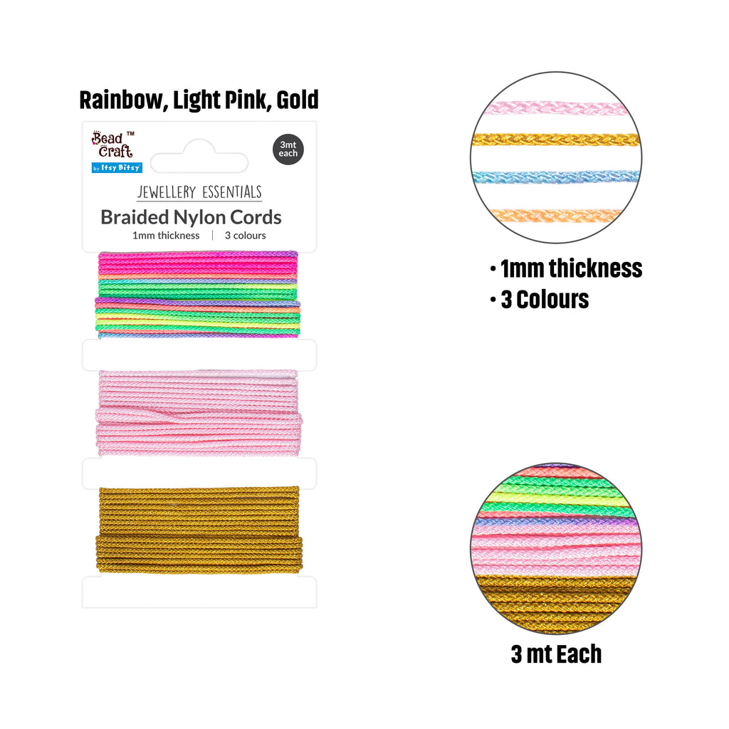 Nylon Braided Cord Rainbow Light Pink Gold 1mm Each 3mtr