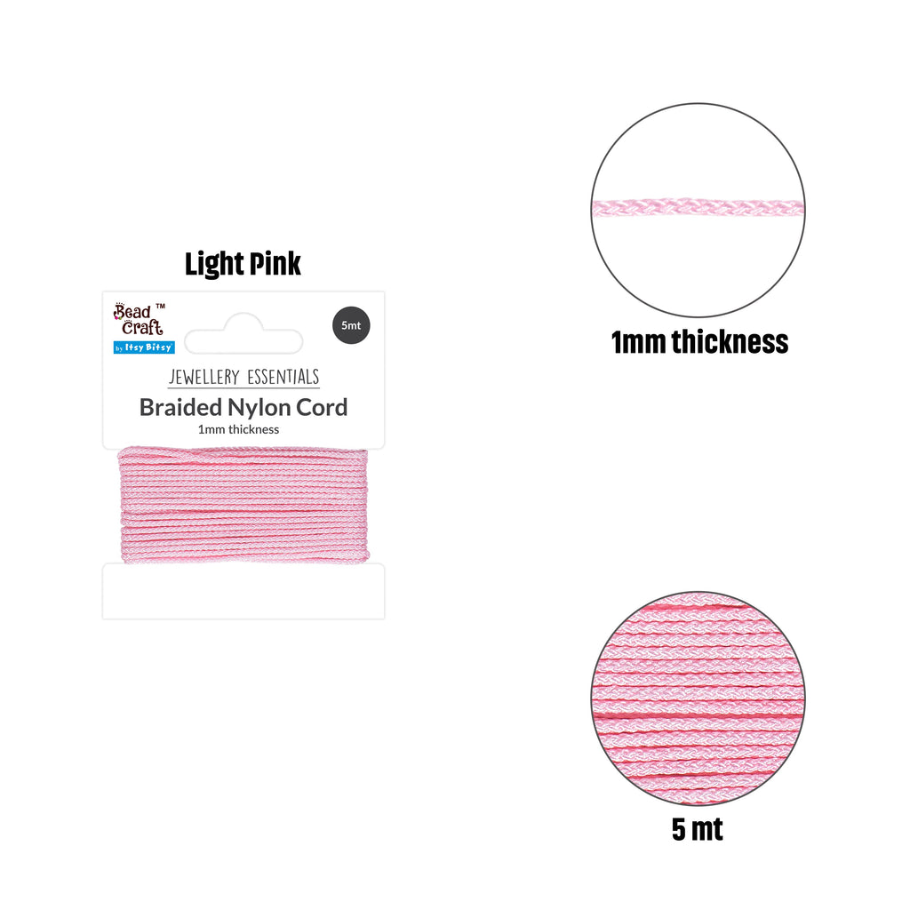 Nylon Braided Cord 1mm Light Pink 5mtr