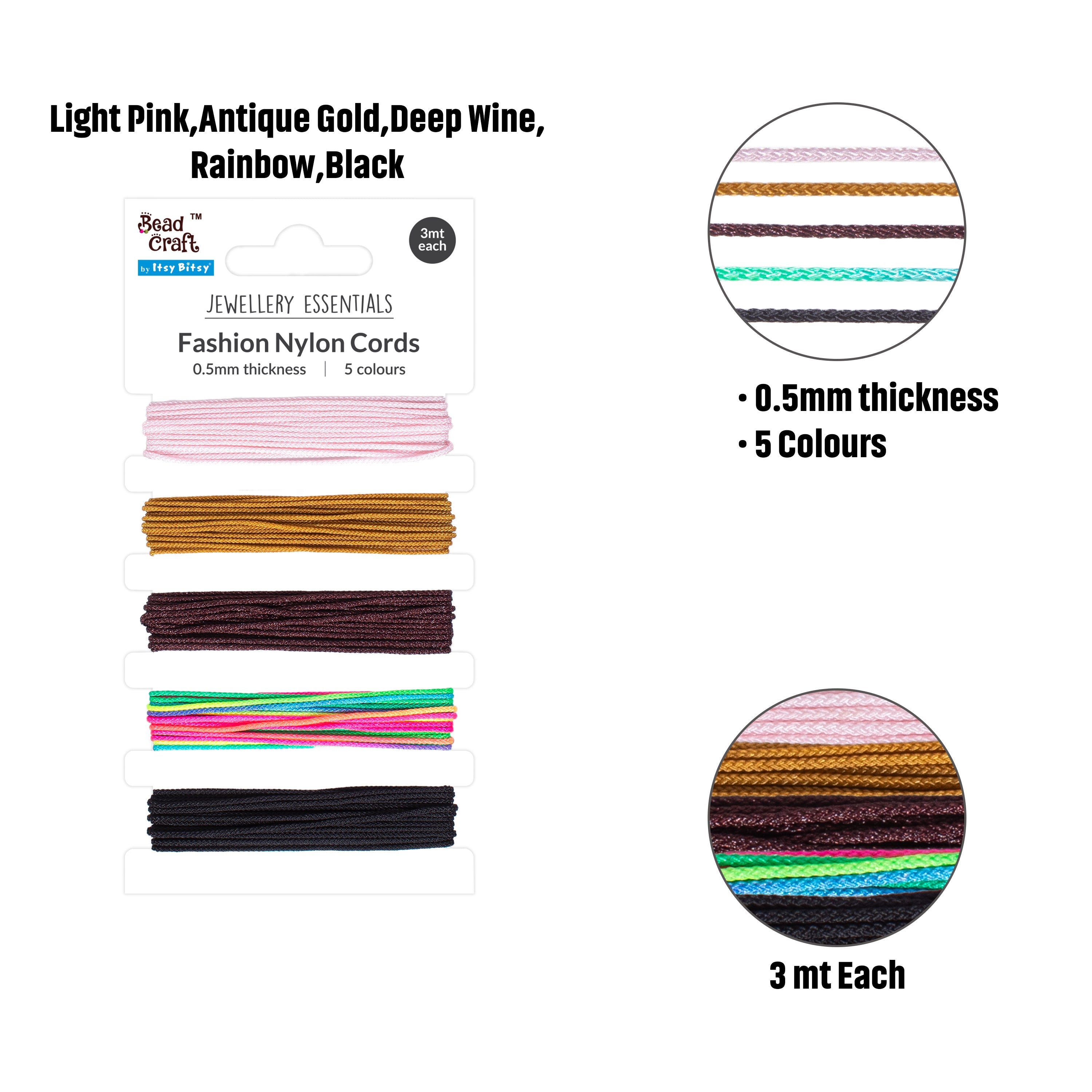 Fashion Nylon Coard Light Pink Antique gold Deep Wine Rainbow Black 0.5mm Each 3mtr