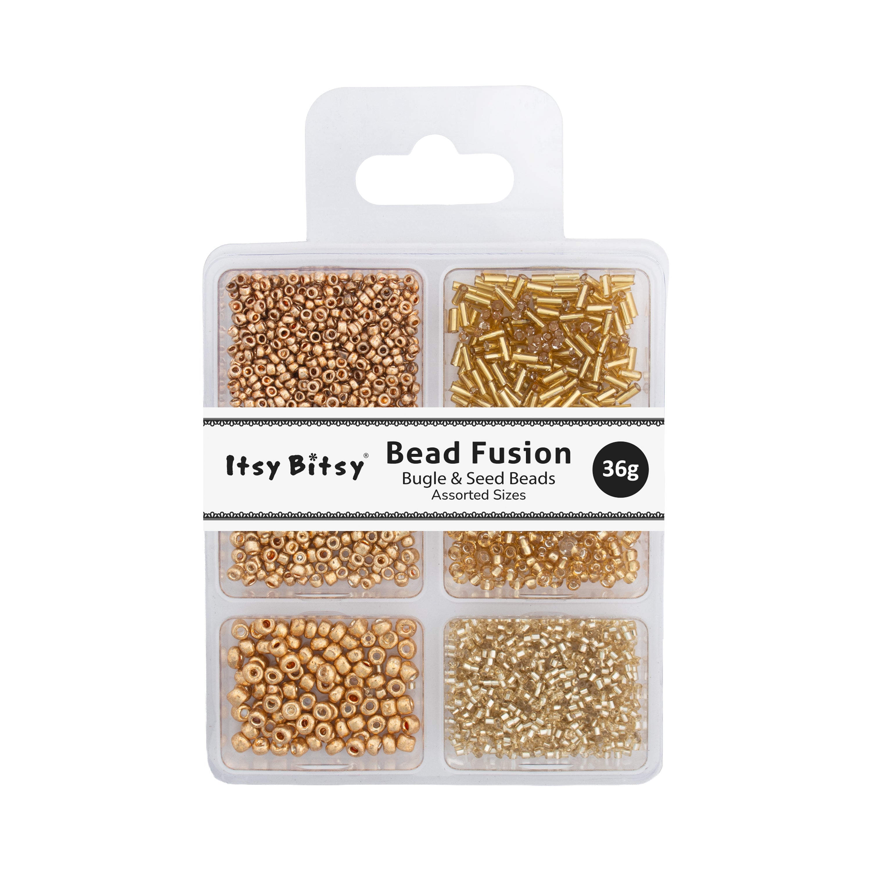 Bugle & Seed Beads Gold 6 Shades Assorted Sizes 36gm 6 Comp Blister