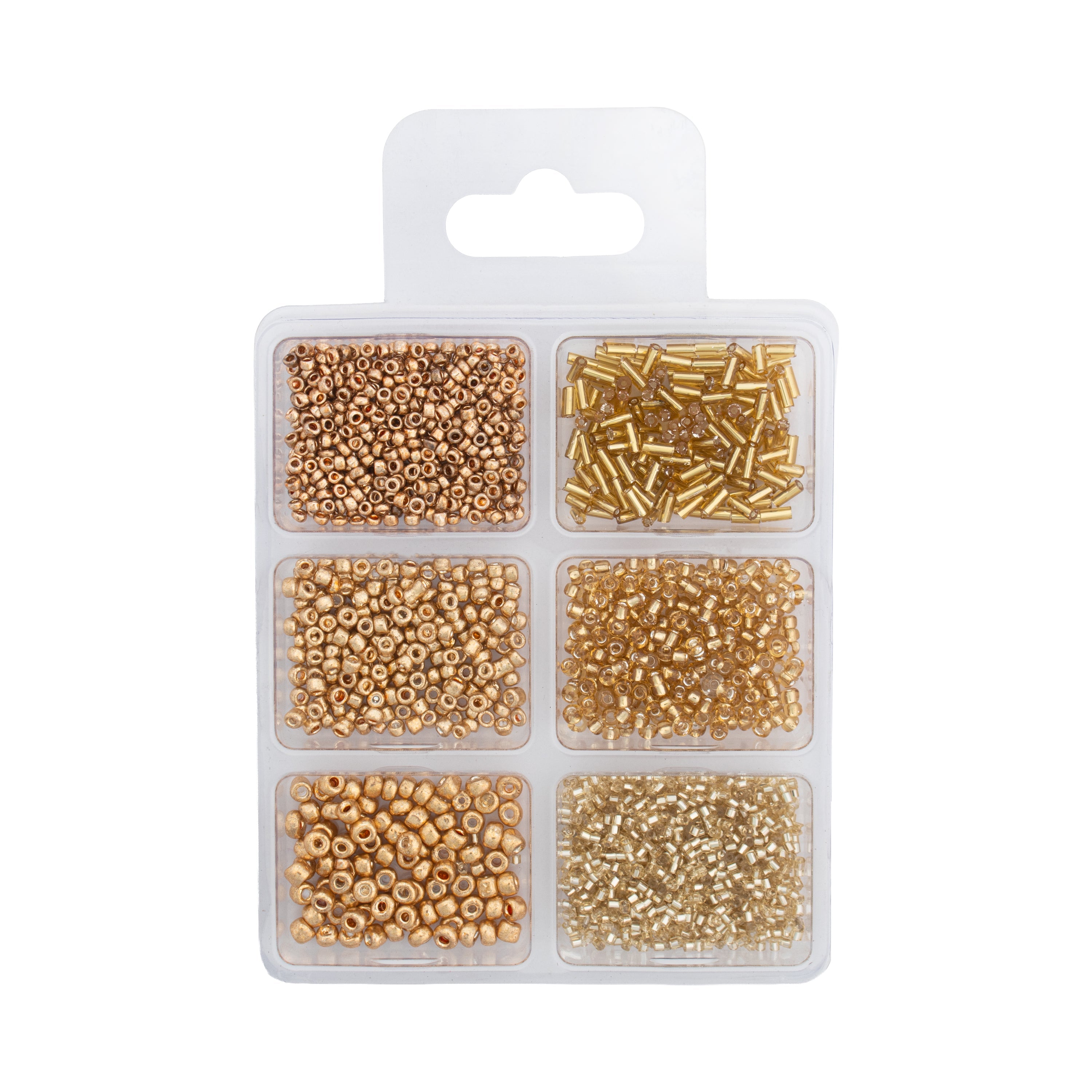 Bugle & Seed Beads Gold 6 Shades Assorted Sizes 36gm 6 Comp Blister