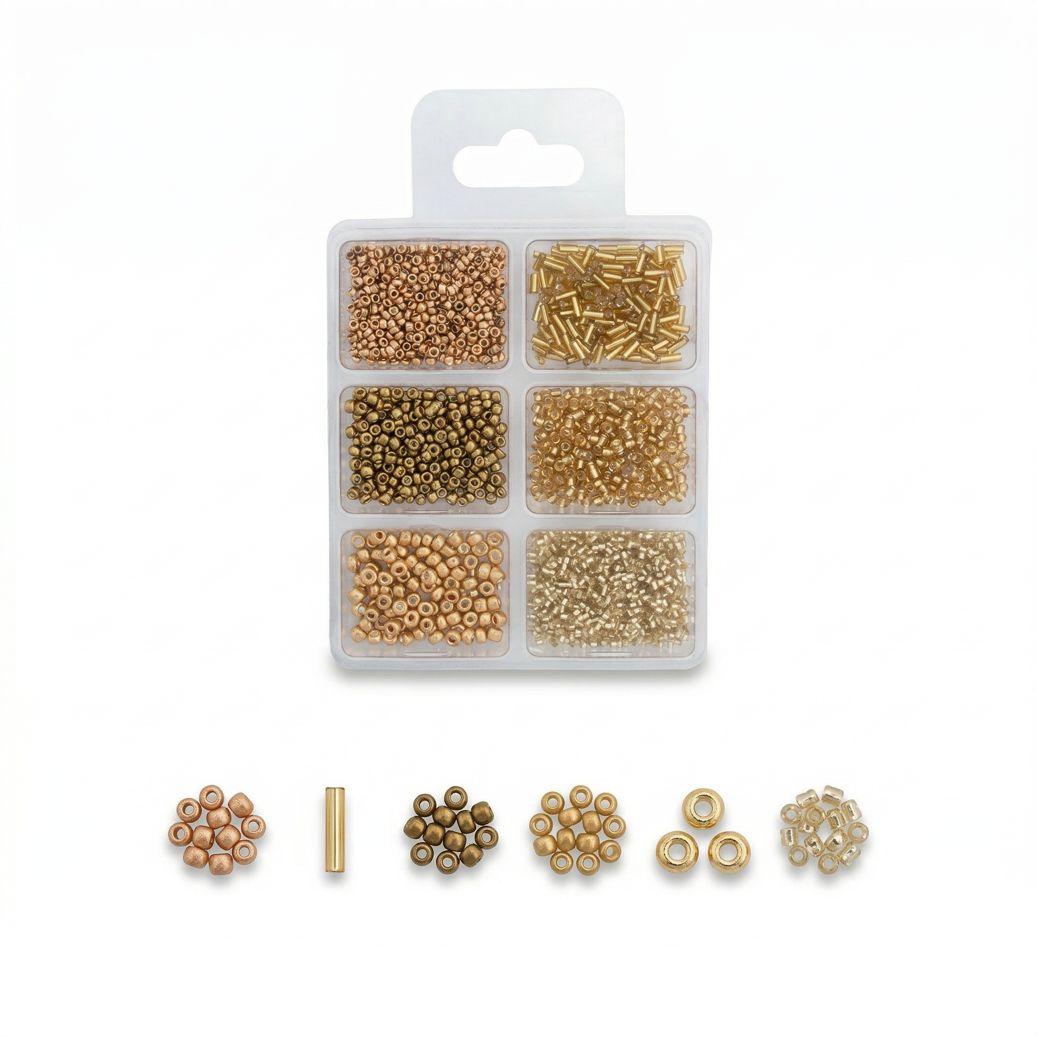 Bugle & Seed Beads Gold 6 Shades Assorted Sizes 36gm 6 Comp Blister
