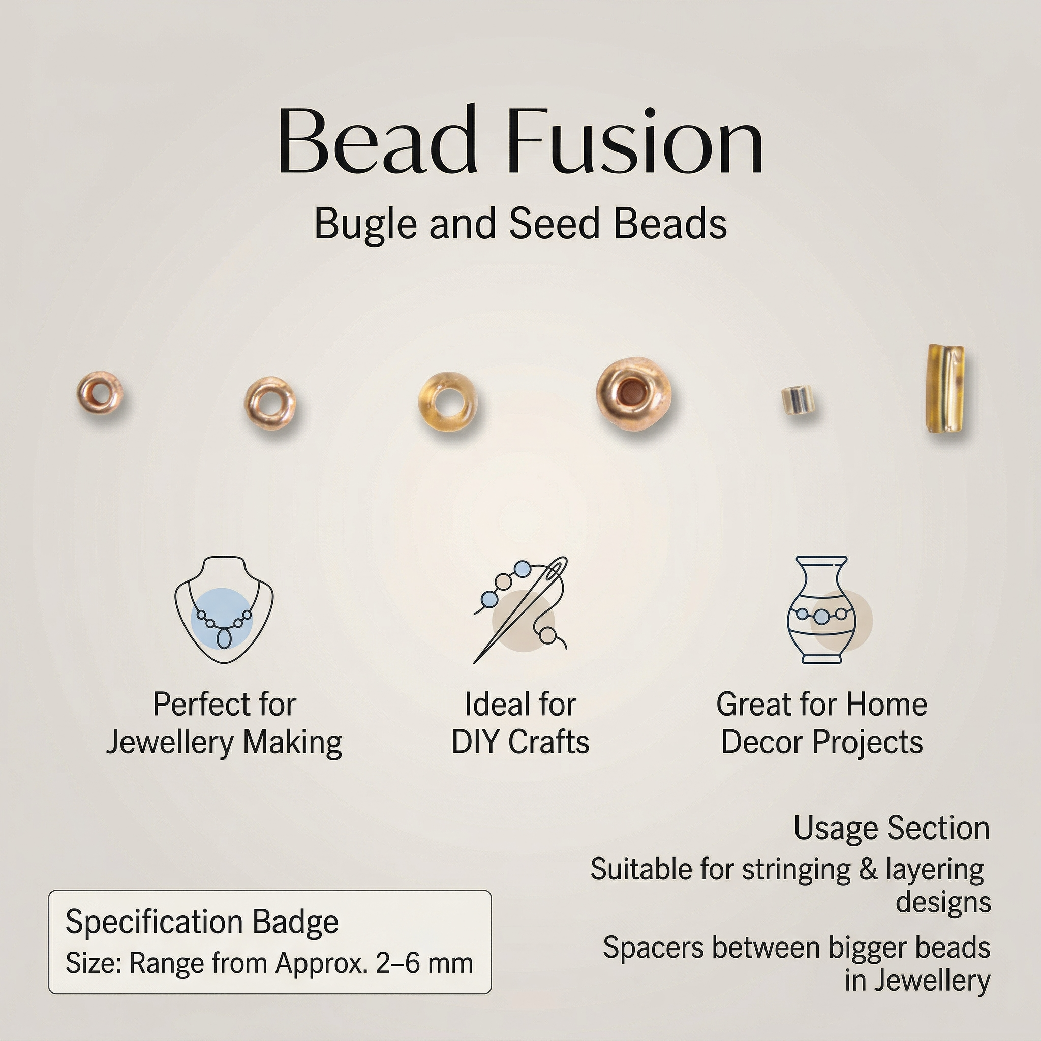 Bugle & Seed Beads Gold 6 Shades Assorted Sizes 36gm 6 Comp Blister