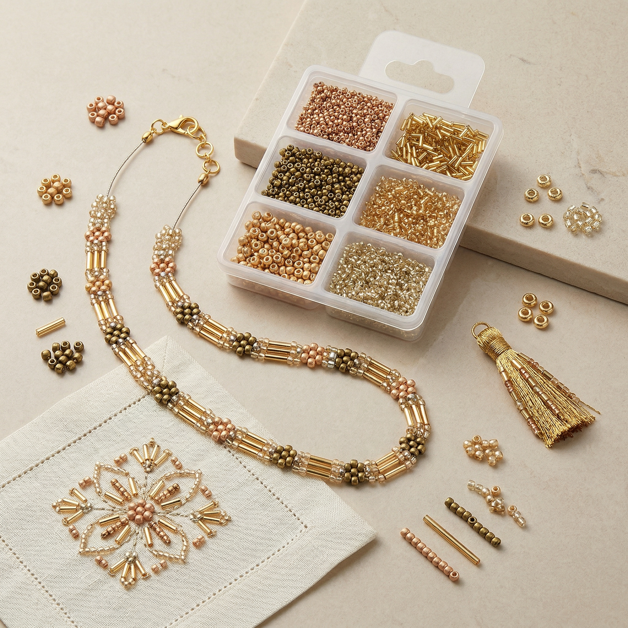 Bugle & Seed Beads Gold 6 Shades Assorted Sizes 36gm 6 Comp Blister