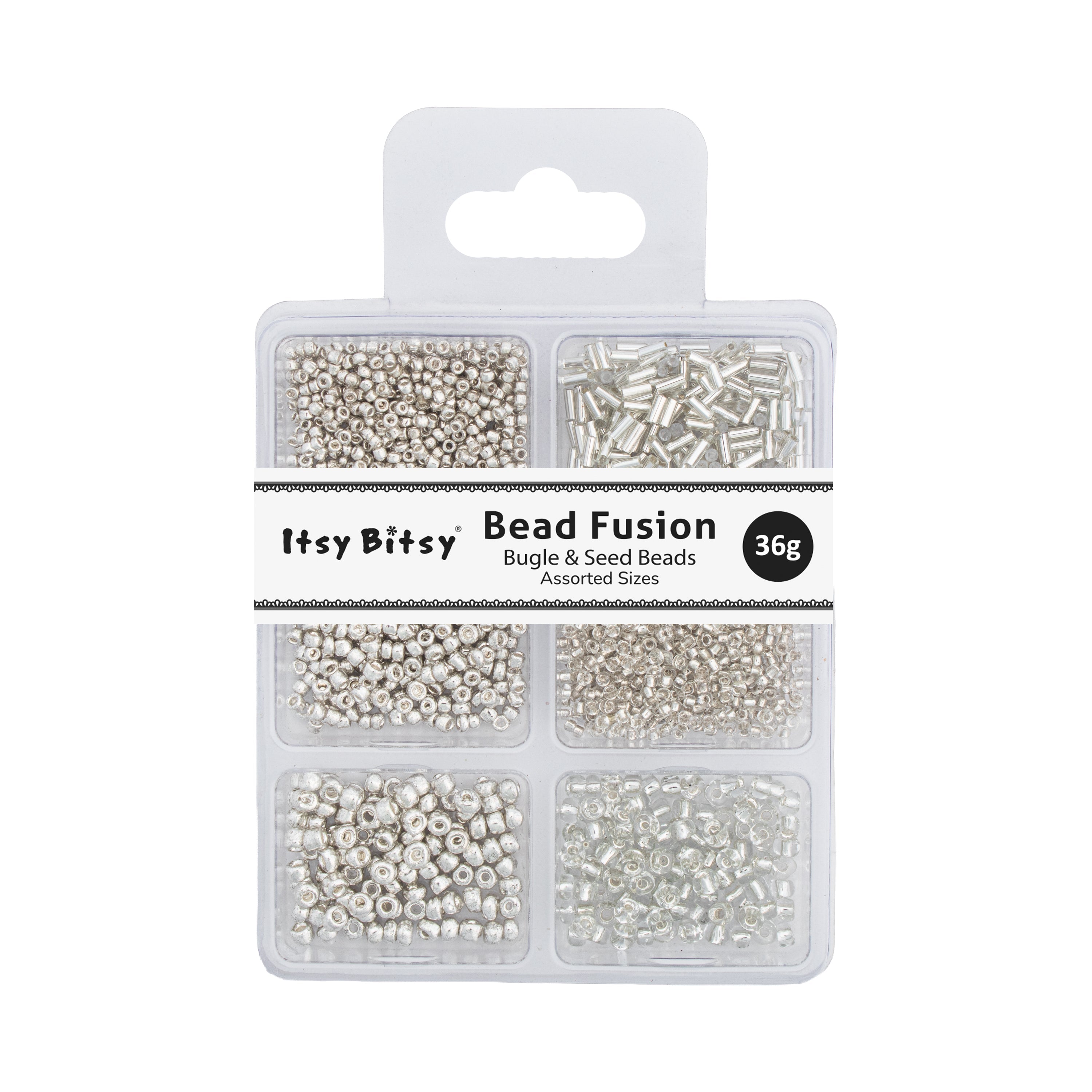 Bugle & Seed Beads Silver 6 Shades Assorted Sizes 36gm 6 Comp Blister