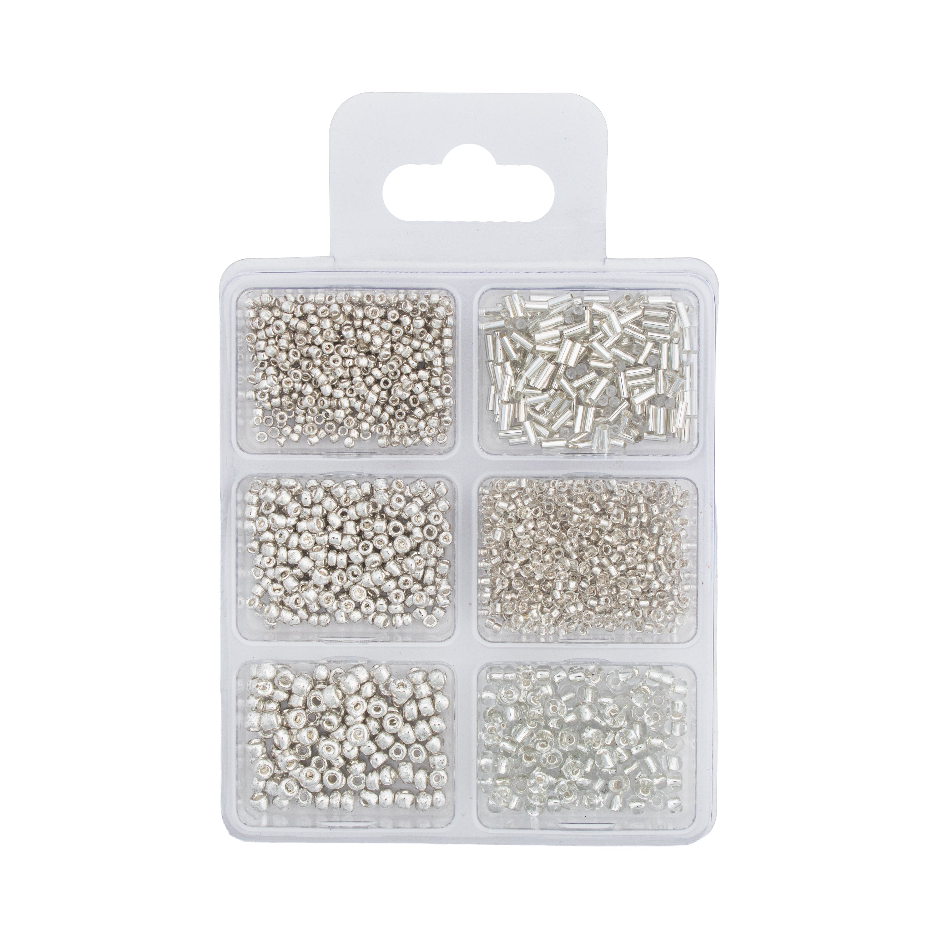 Bugle & Seed Beads Silver 6 Shades Assorted Sizes 36gm 6 Comp Blister