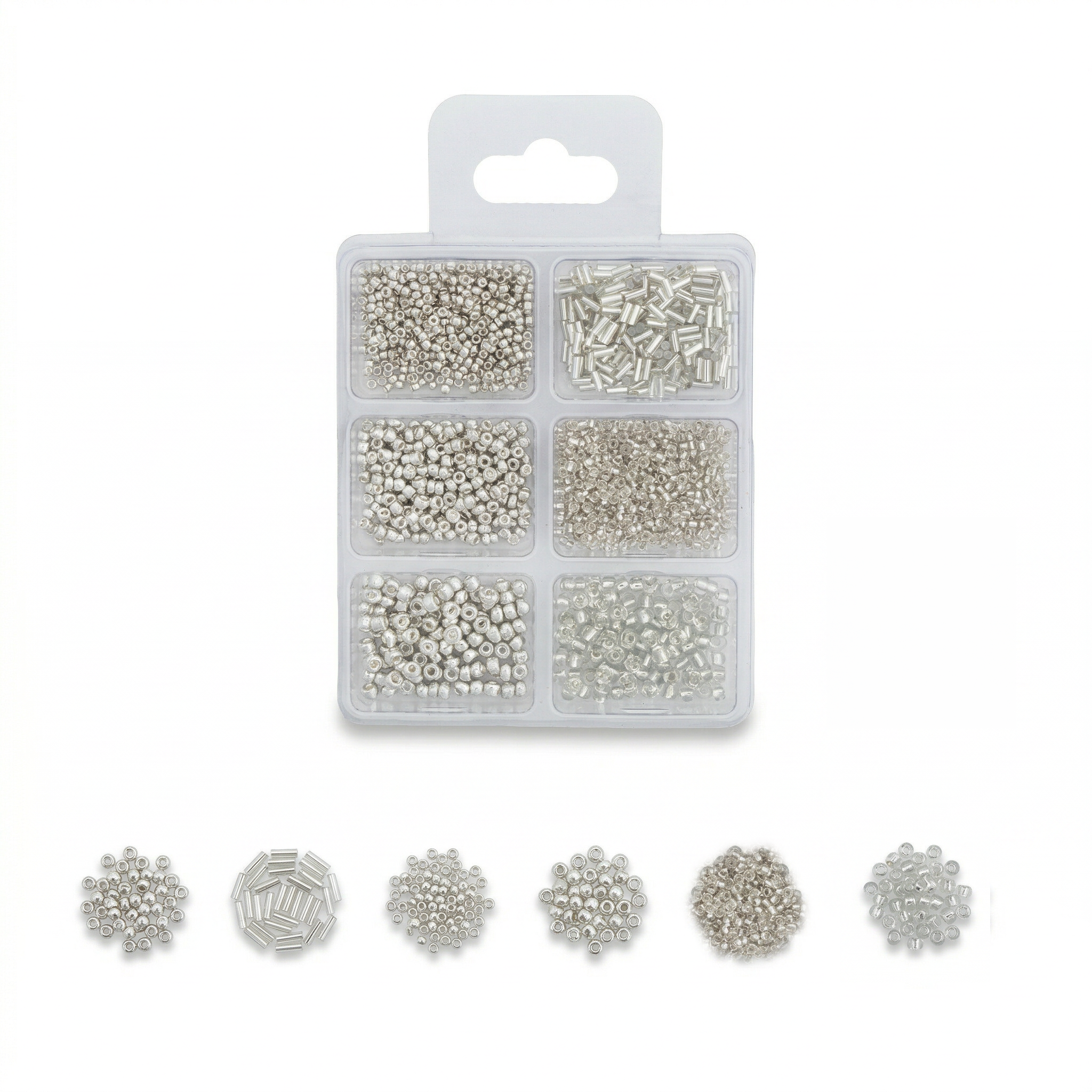Bugle & Seed Beads Silver 6 Shades Assorted Sizes 36gm 6 Comp Blister