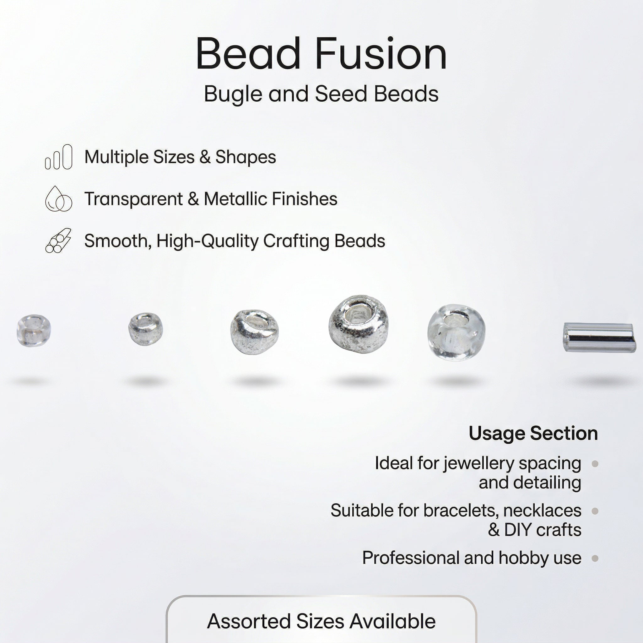 Bugle & Seed Beads Silver 6 Shades Assorted Sizes 36gm 6 Comp Blister