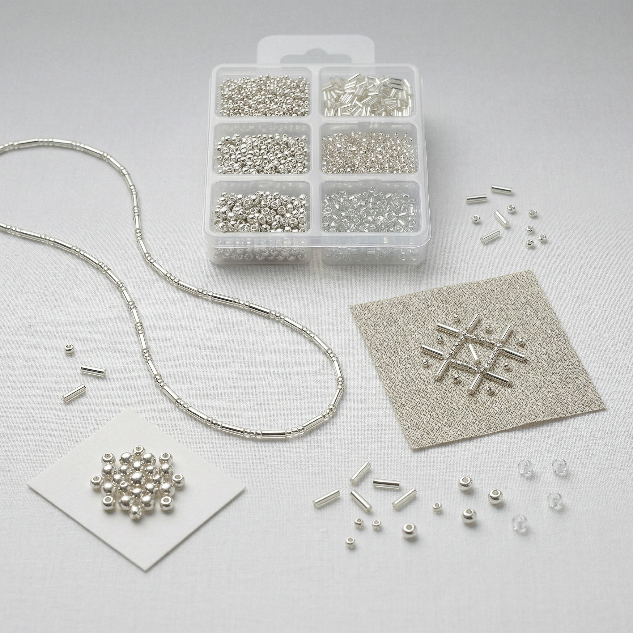 Bugle & Seed Beads Silver 6 Shades Assorted Sizes 36gm 6 Comp Blister