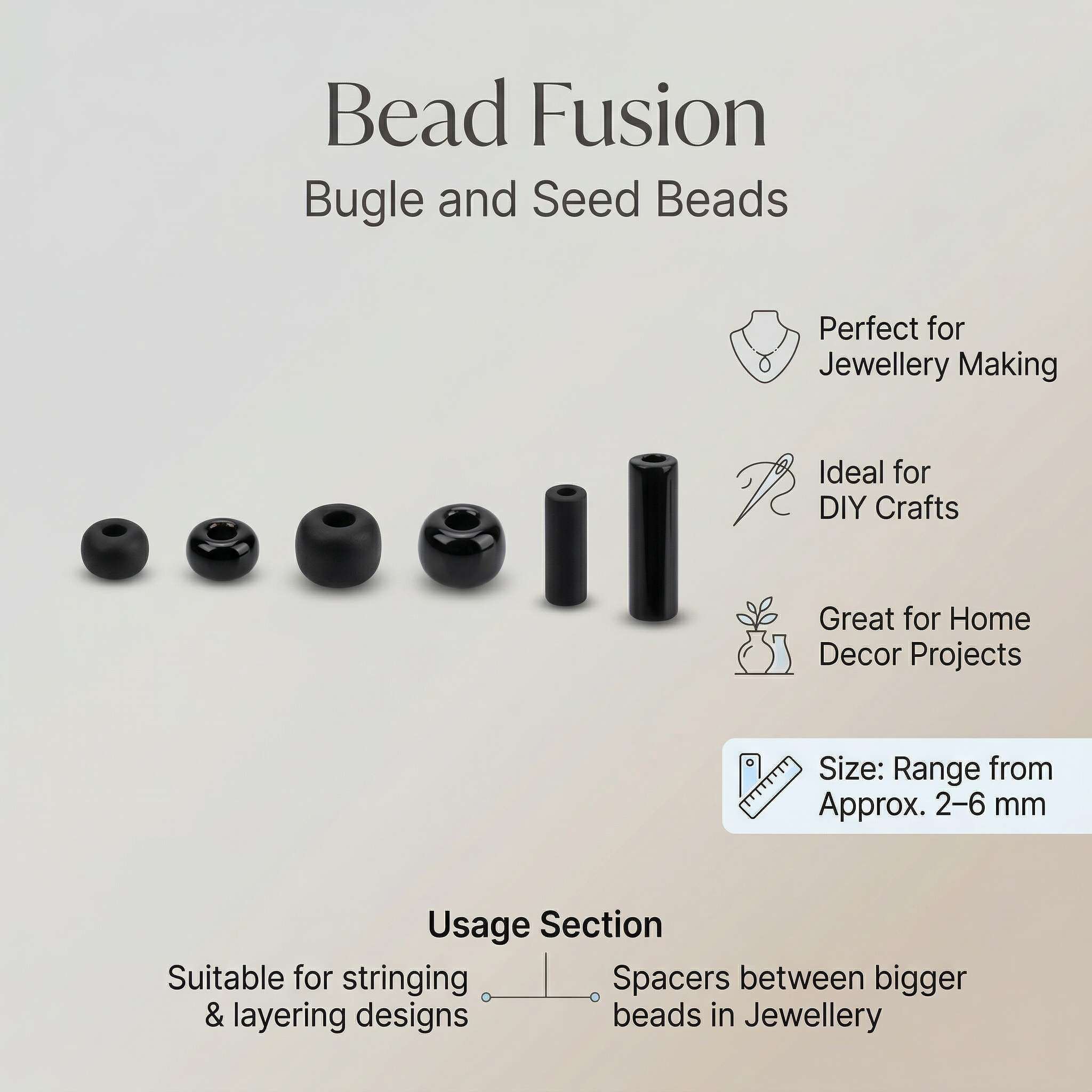 Bugle & Seed Beads Black 6 Shades Assorted Sizes 36gm 6 Comp Blister