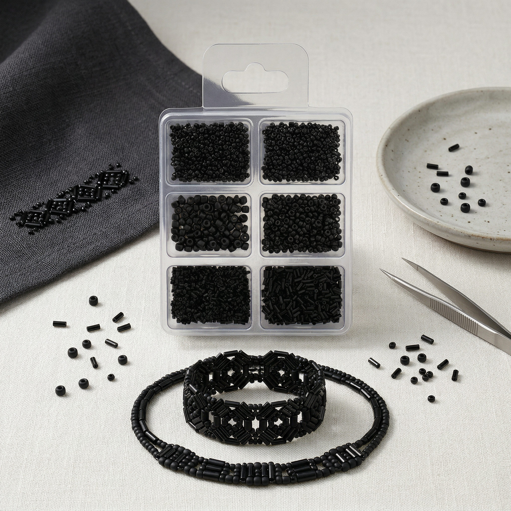 Bugle & Seed Beads Black 6 Shades Assorted Sizes 36gm 6 Comp Blister