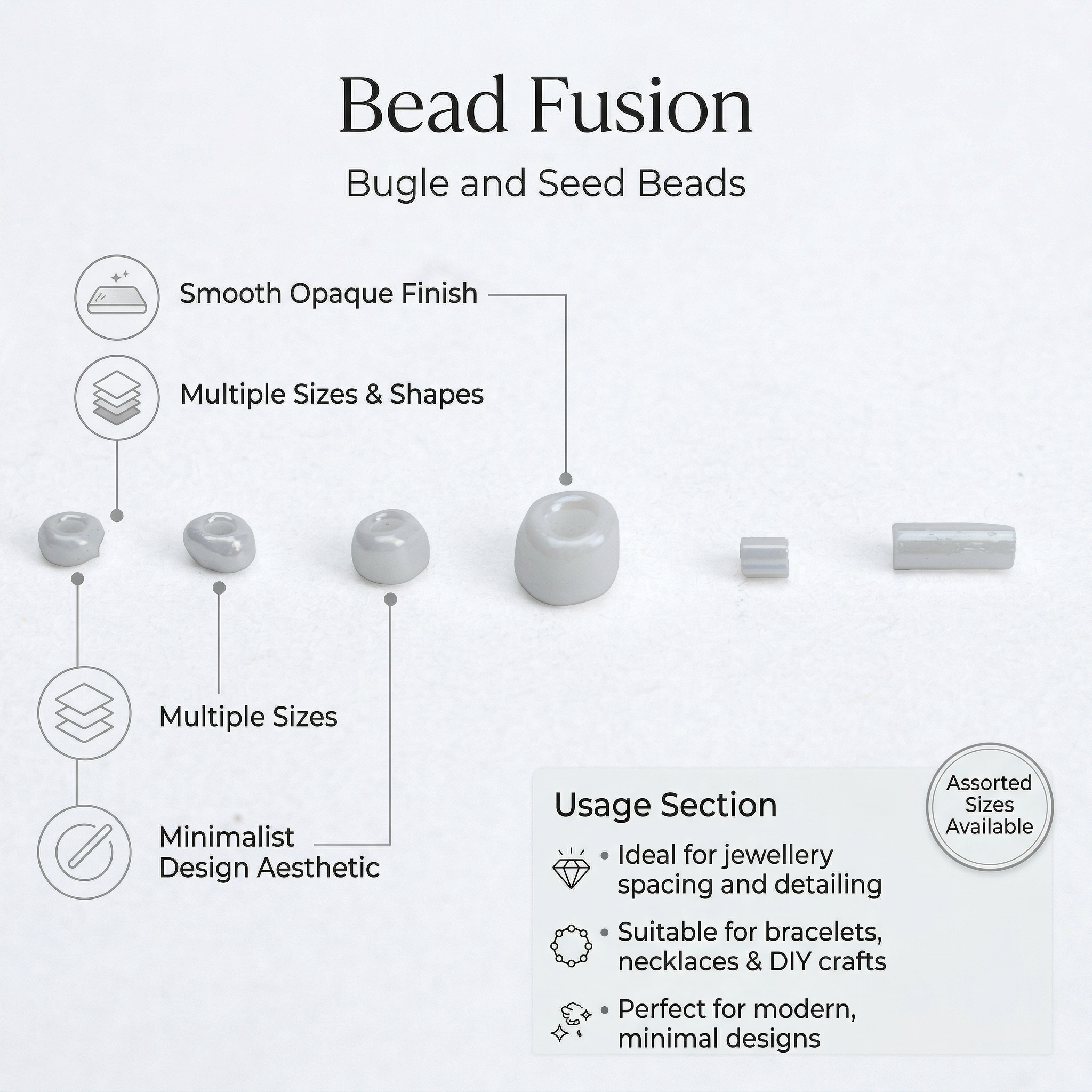 Bugle & Seed Beads White 6 Shades Assorted Sizes 36gm 6 Comp Blister