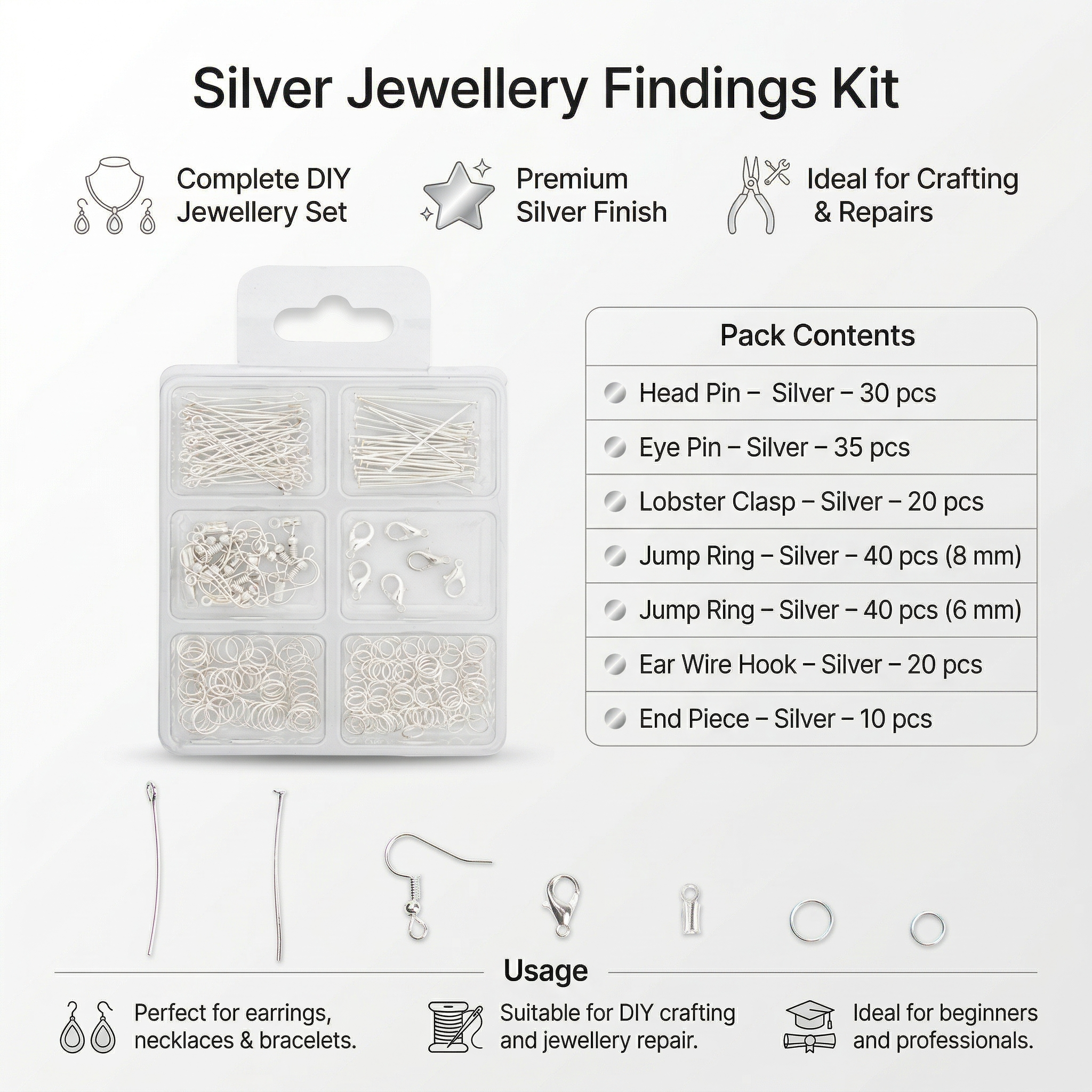 Jewellery Findings Assorted Silver 24gm 6 Comp Blister