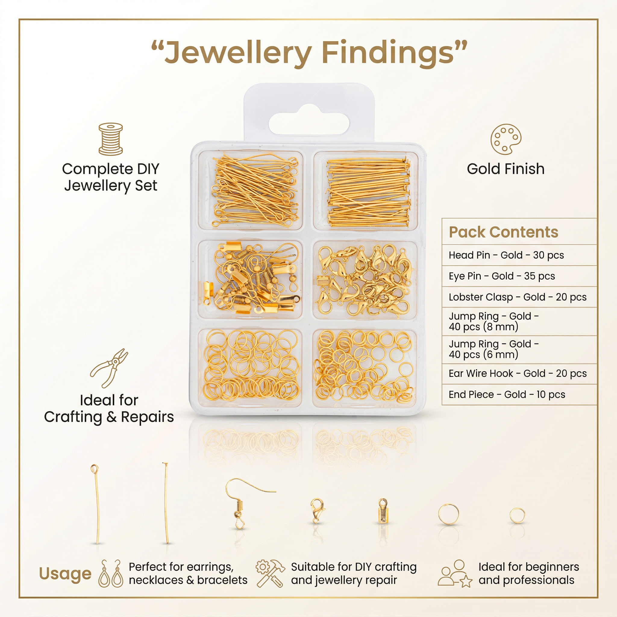Jewellery Findings Assorted Gold 24gm 6 Comp Blister