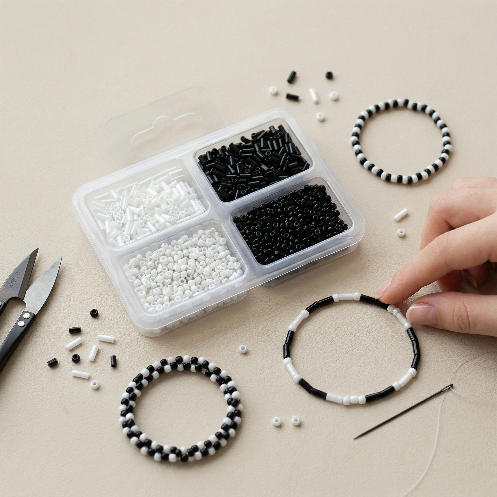 Bugle & Seed Beads Assorted Size Black & White 24gm 4 Comp Blister