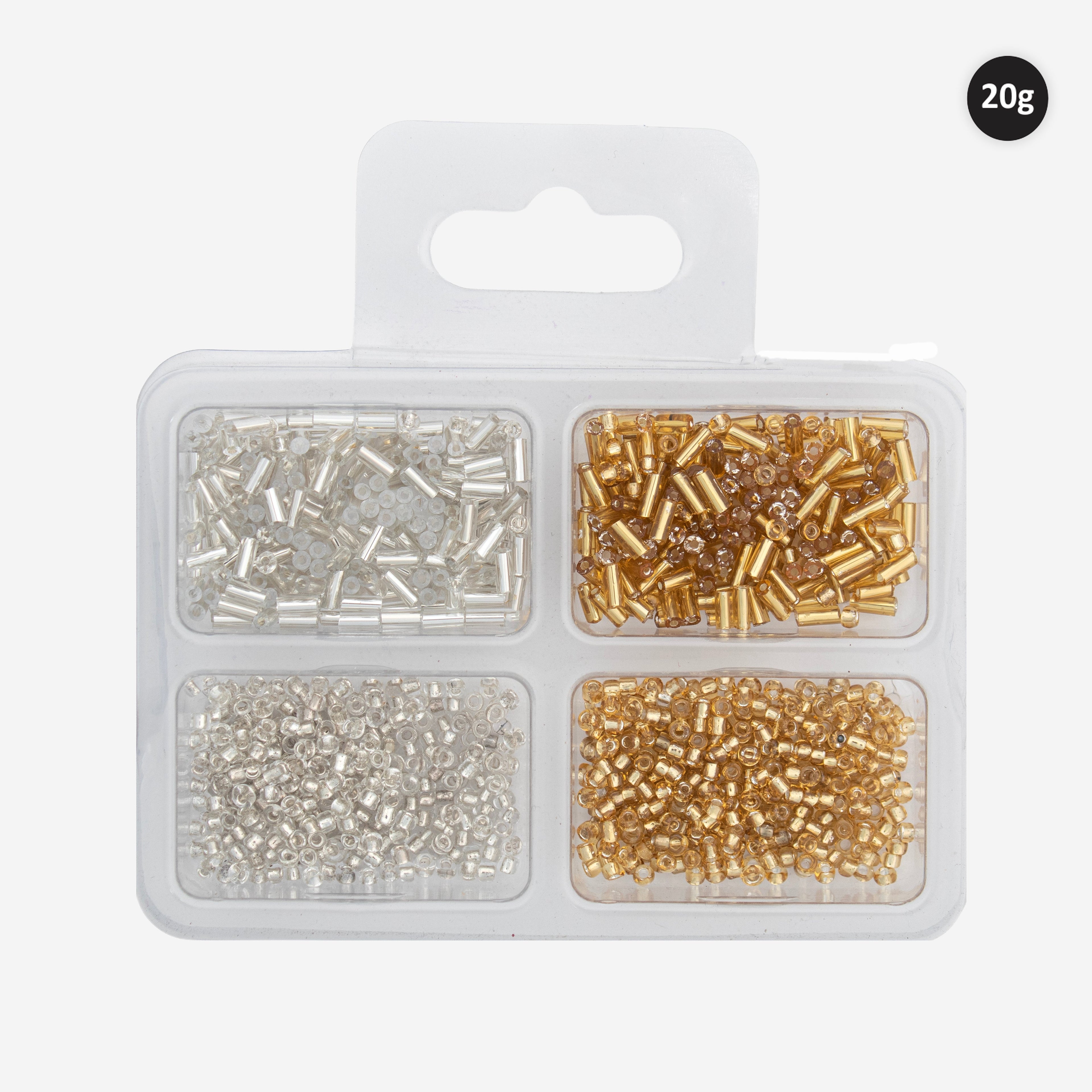 Bugle & Seed Beads Assorted Size Gold & Silver 20gm 4 Comp Blister