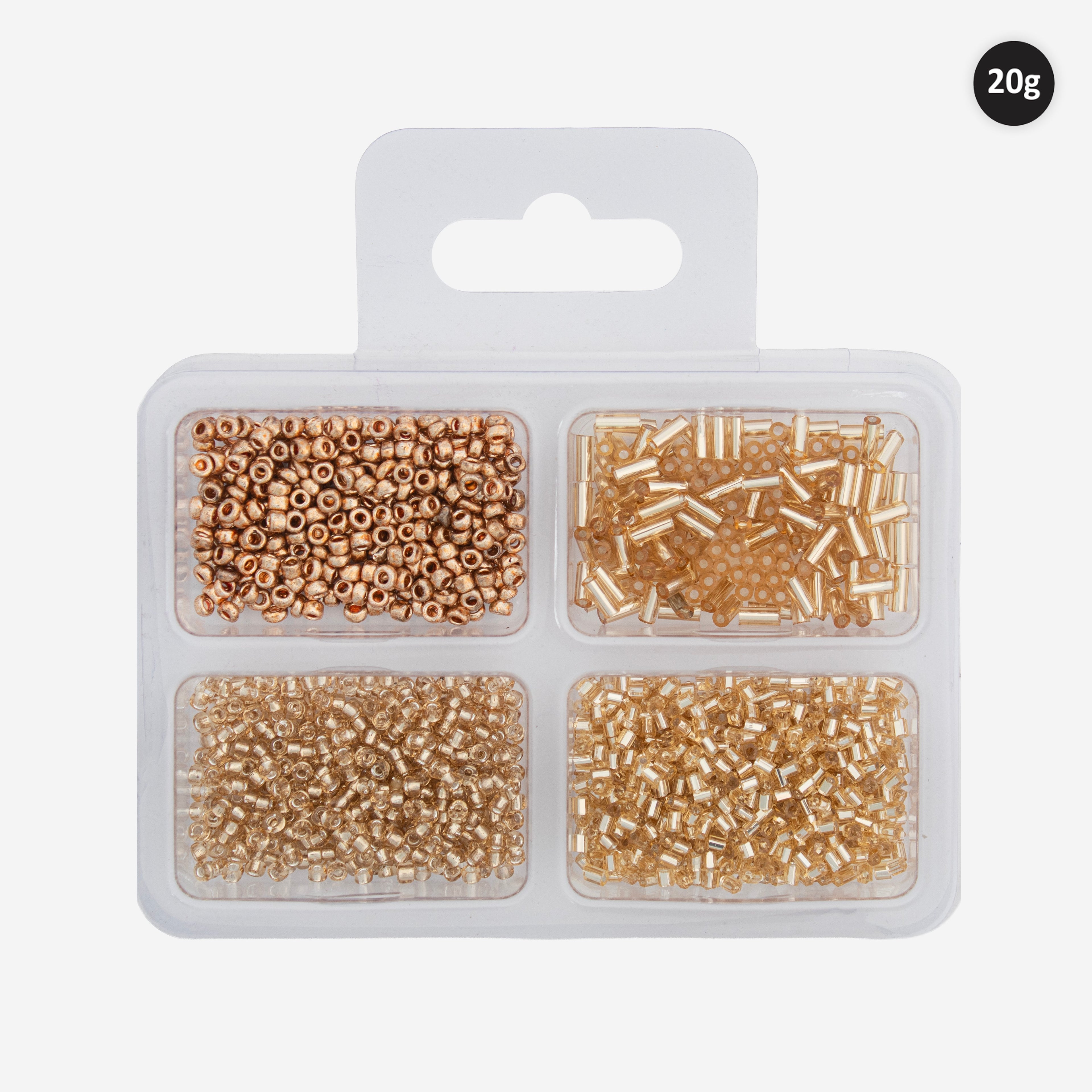 Bugle & Seed Beads Assorted Size Gold 20gm 4 Comp Blister