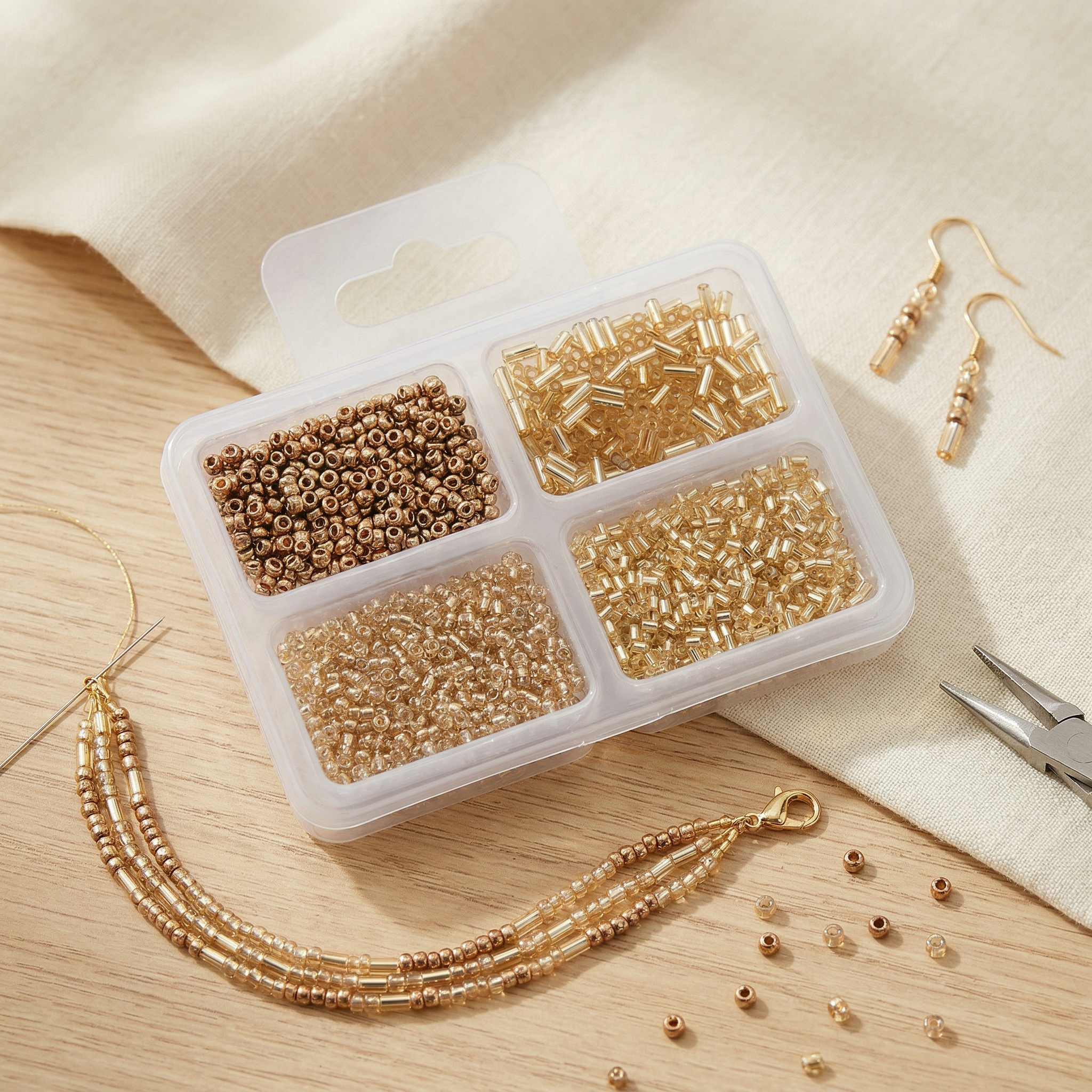 Bugle & Seed Beads Assorted Size Gold 20gm 4 Comp Blister