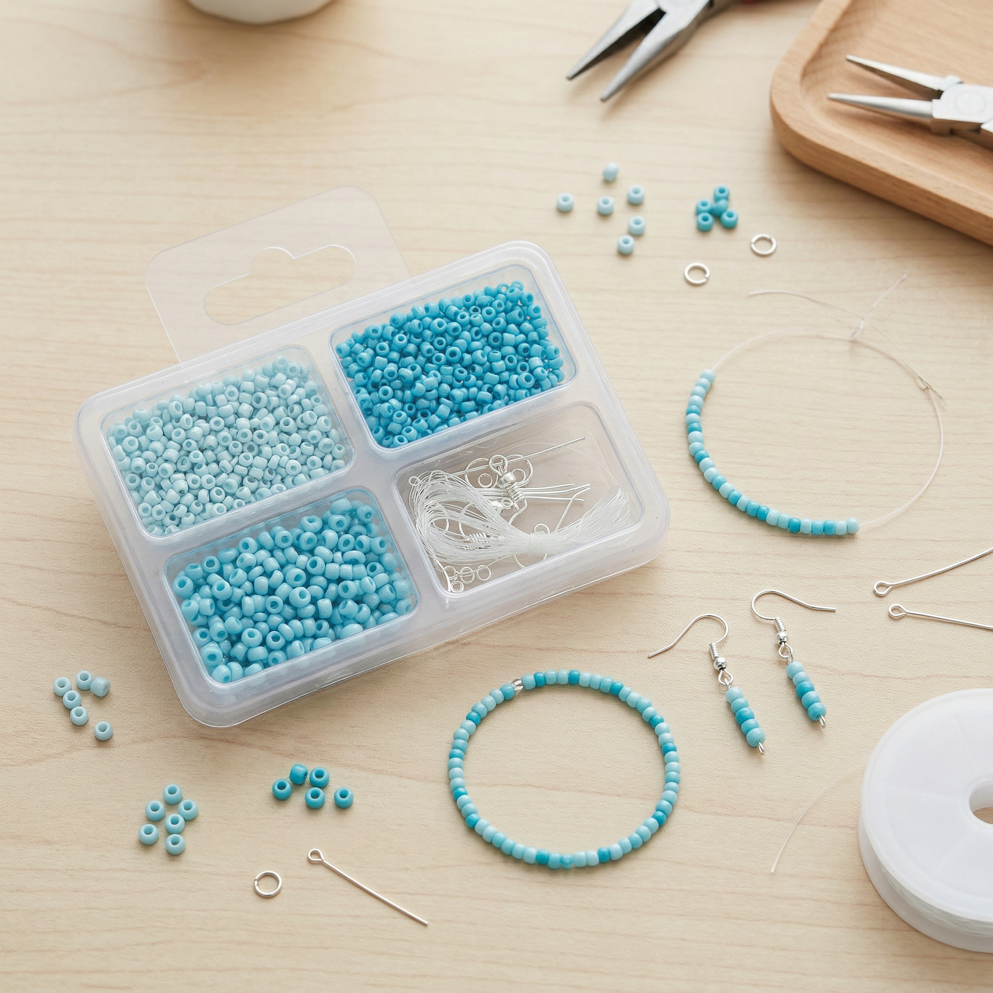 Seed Beads, Findings & Cord Aqua Hues 18gm 4 Comp Blister