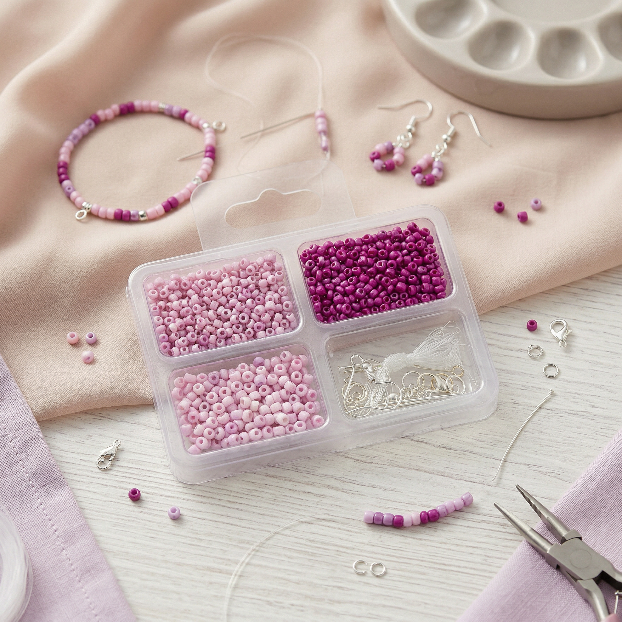 Seed Beads, Findings & Cord Rosy Hues 18gm 4 Comp Blister